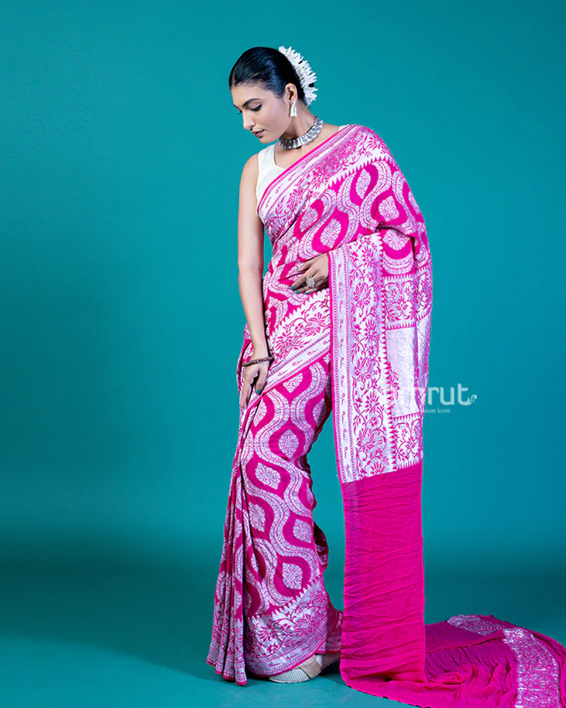 Vibrant Pink Saree with Silver Paisley Design and Unstitched Blouse - Image 4