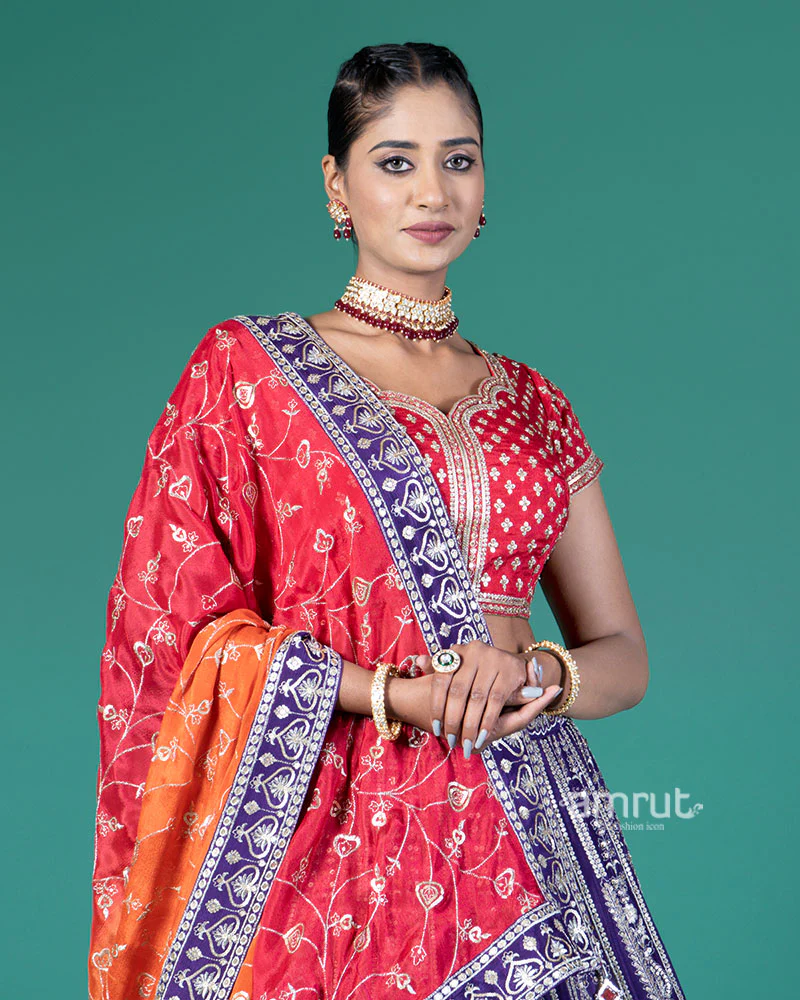 Vibrant Purple Lehenga Crimson Red Choli with Silver Embroidery and Red-Orange Dupatta - Image 2