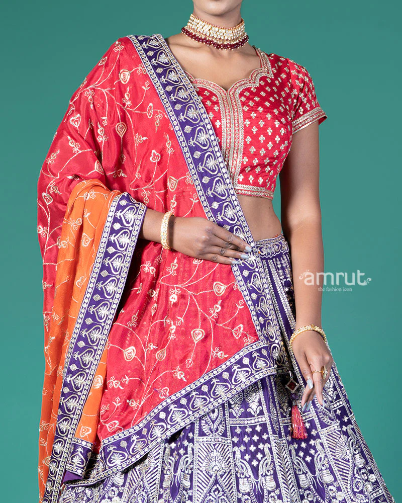 Vibrant Purple Lehenga Crimson Red Choli with Silver Embroidery and Red-Orange Dupatta - Image 3