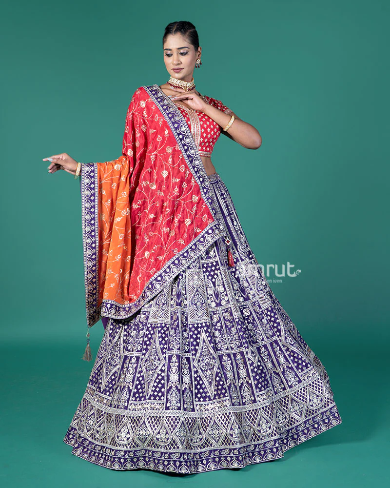 Vibrant Purple Lehenga Crimson Red Choli with Silver Embroidery and Red-Orange Dupatta - Image 4