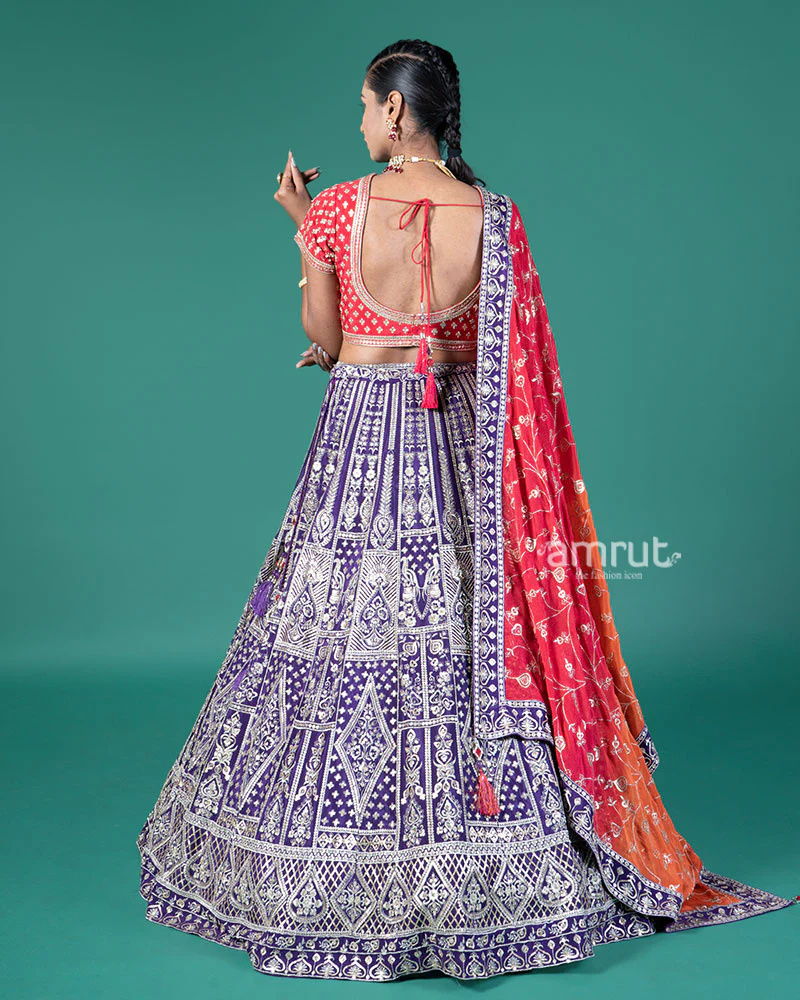 Vibrant Purple Lehenga Crimson Red Choli with Silver Embroidery and Red-Orange Dupatta - Image 5