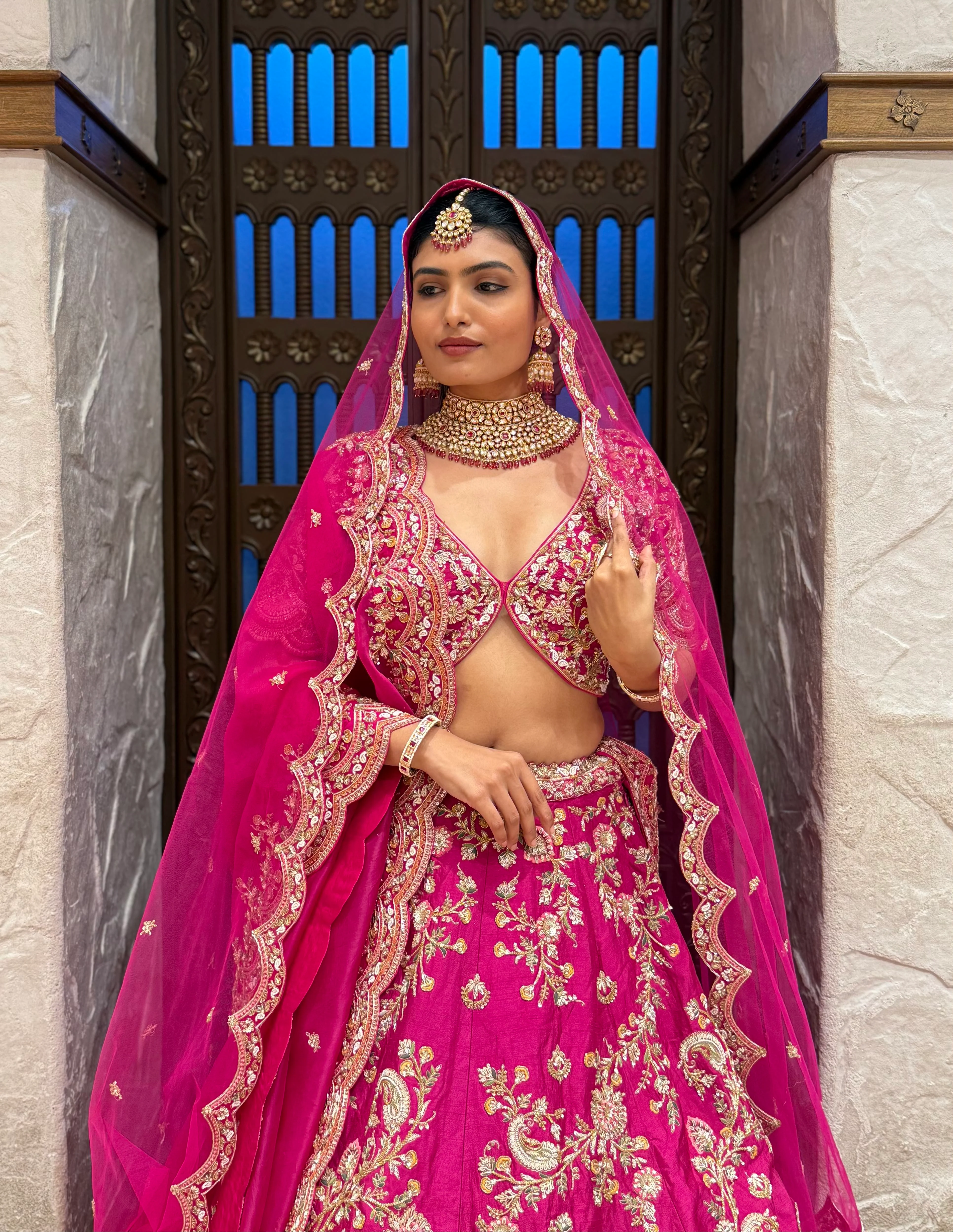 Vibrant Rani Pink Bridal Lehenga with Double Dupatta & Handcrafted Zardozi Embroidery - Image 2