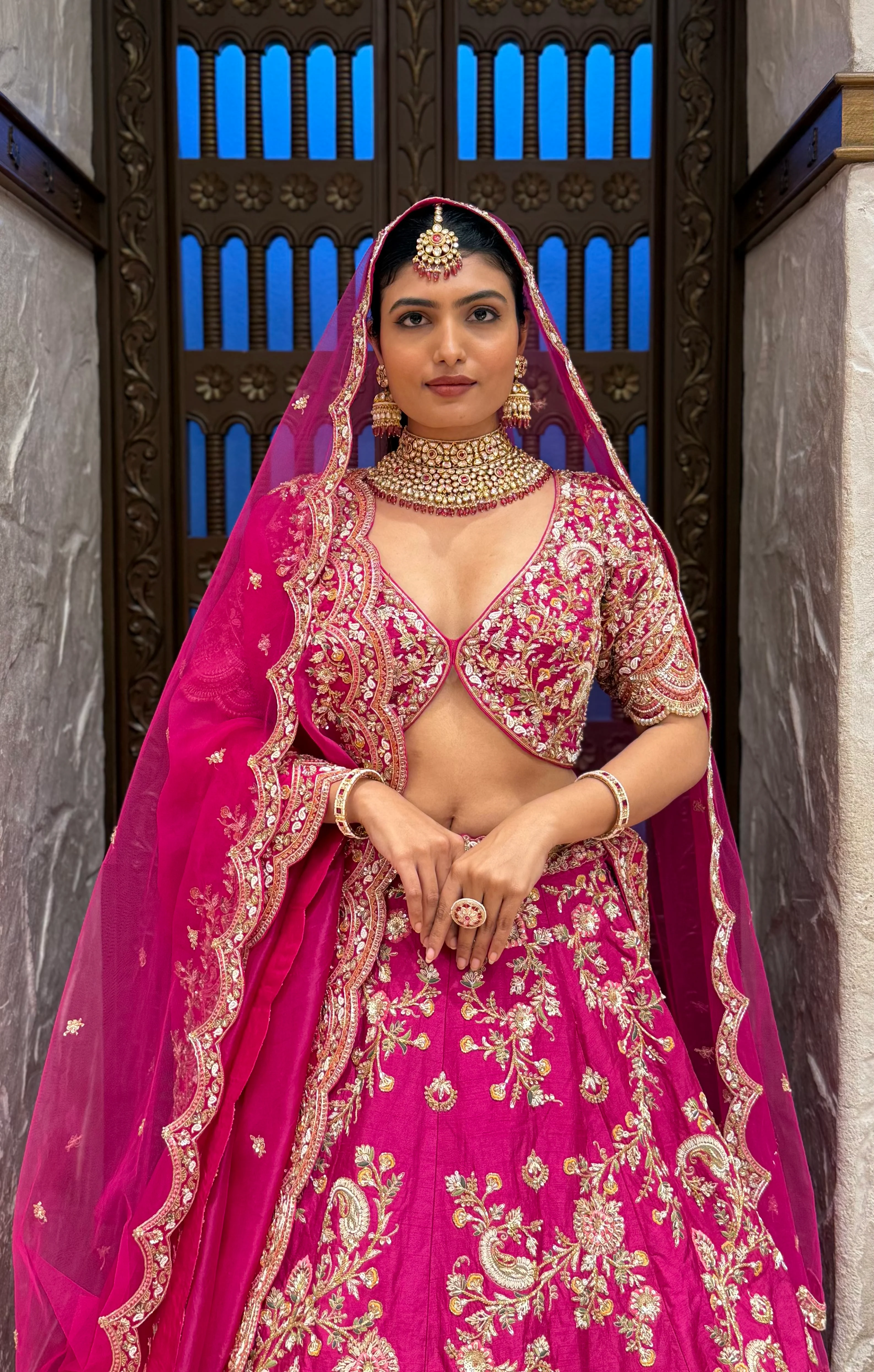 Vibrant Rani Pink Bridal Lehenga with Double Dupatta & Handcrafted Zardozi Embroidery - Image 3