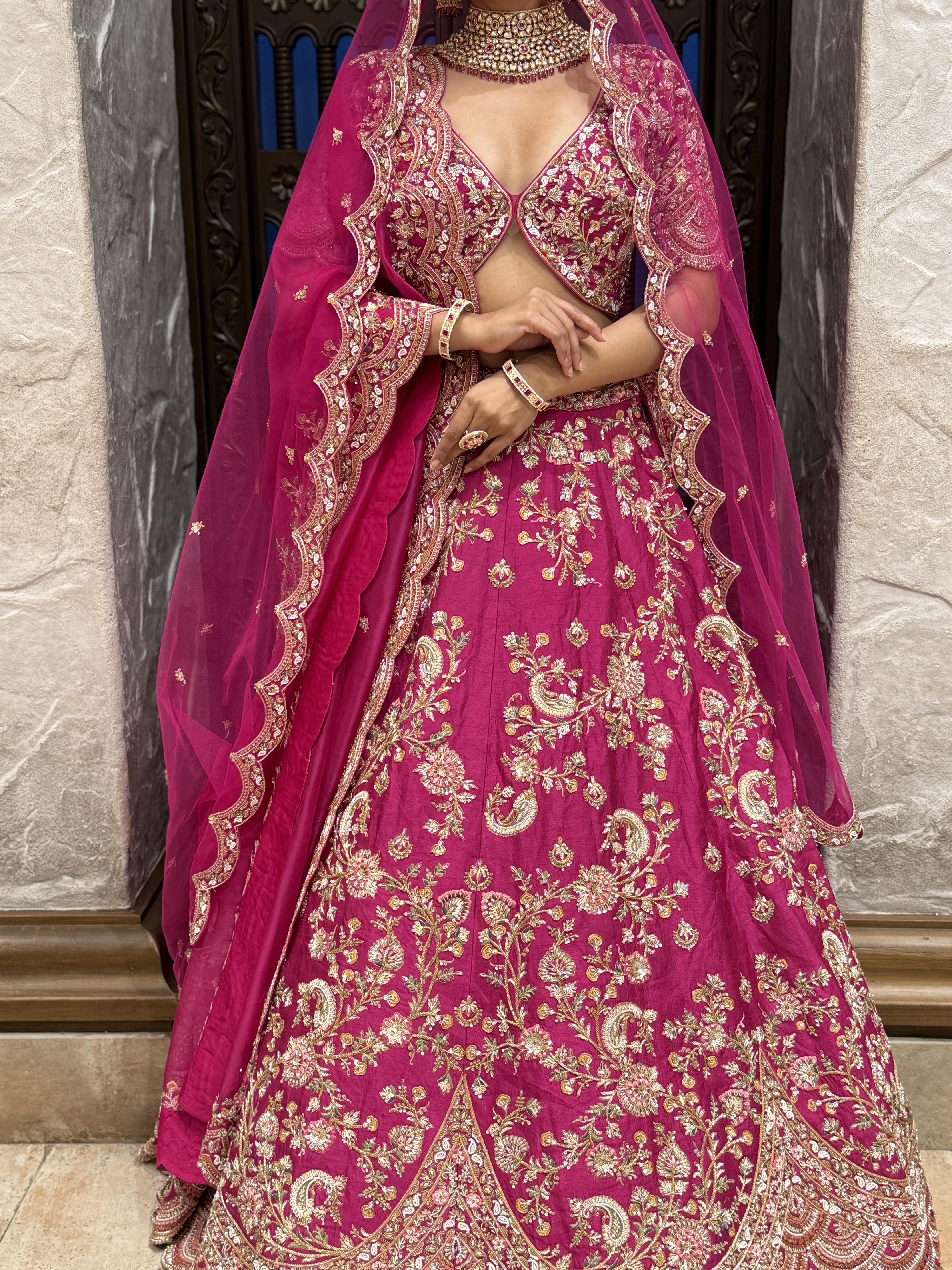 Vibrant Rani Pink Bridal Lehenga with Double Dupatta & Handcrafted Zardozi Embroidery - Image 4