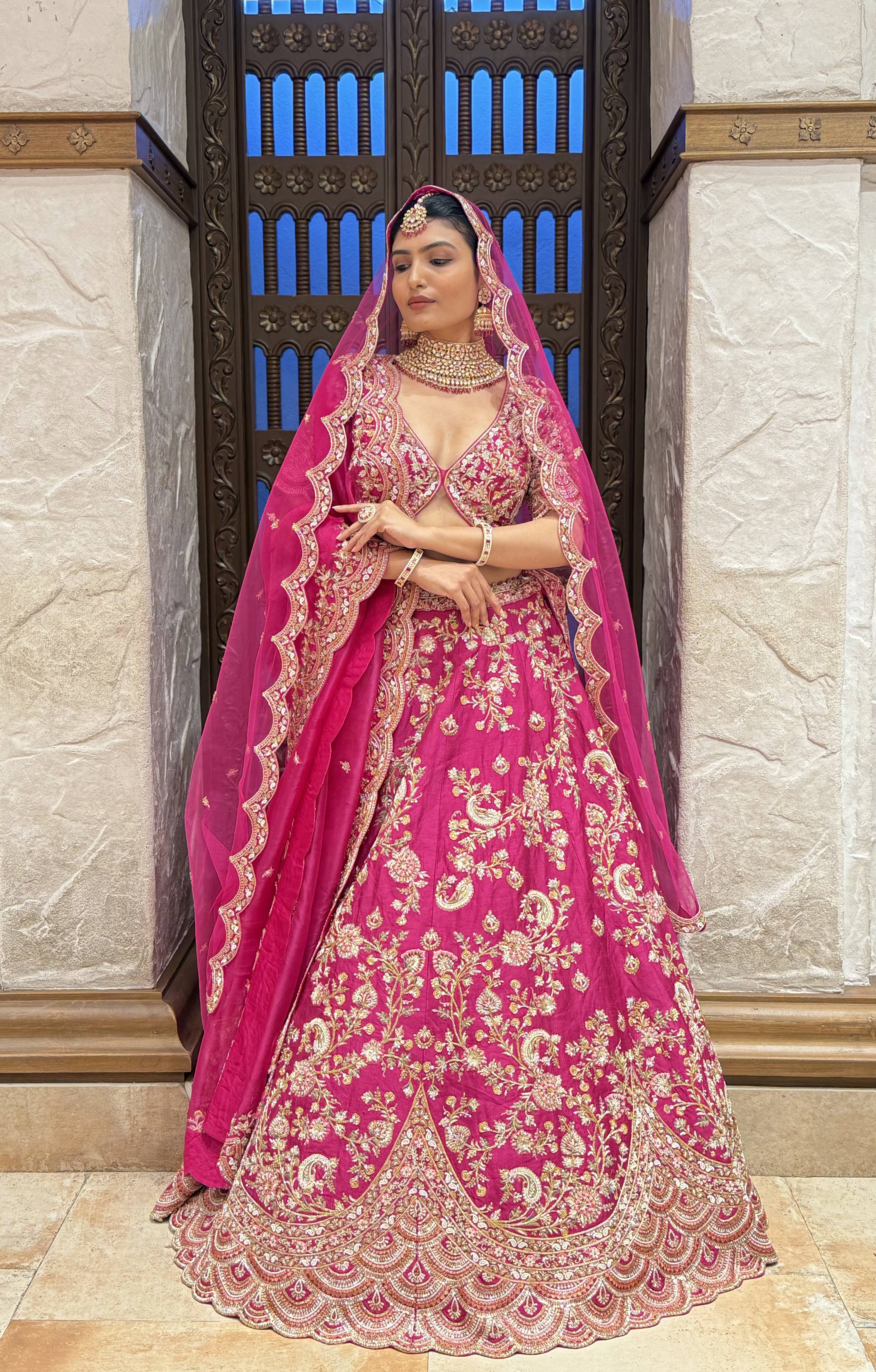 Vibrant Rani Pink Bridal Lehenga with Double Dupatta & Handcrafted Zardozi Embroidery - Image 5