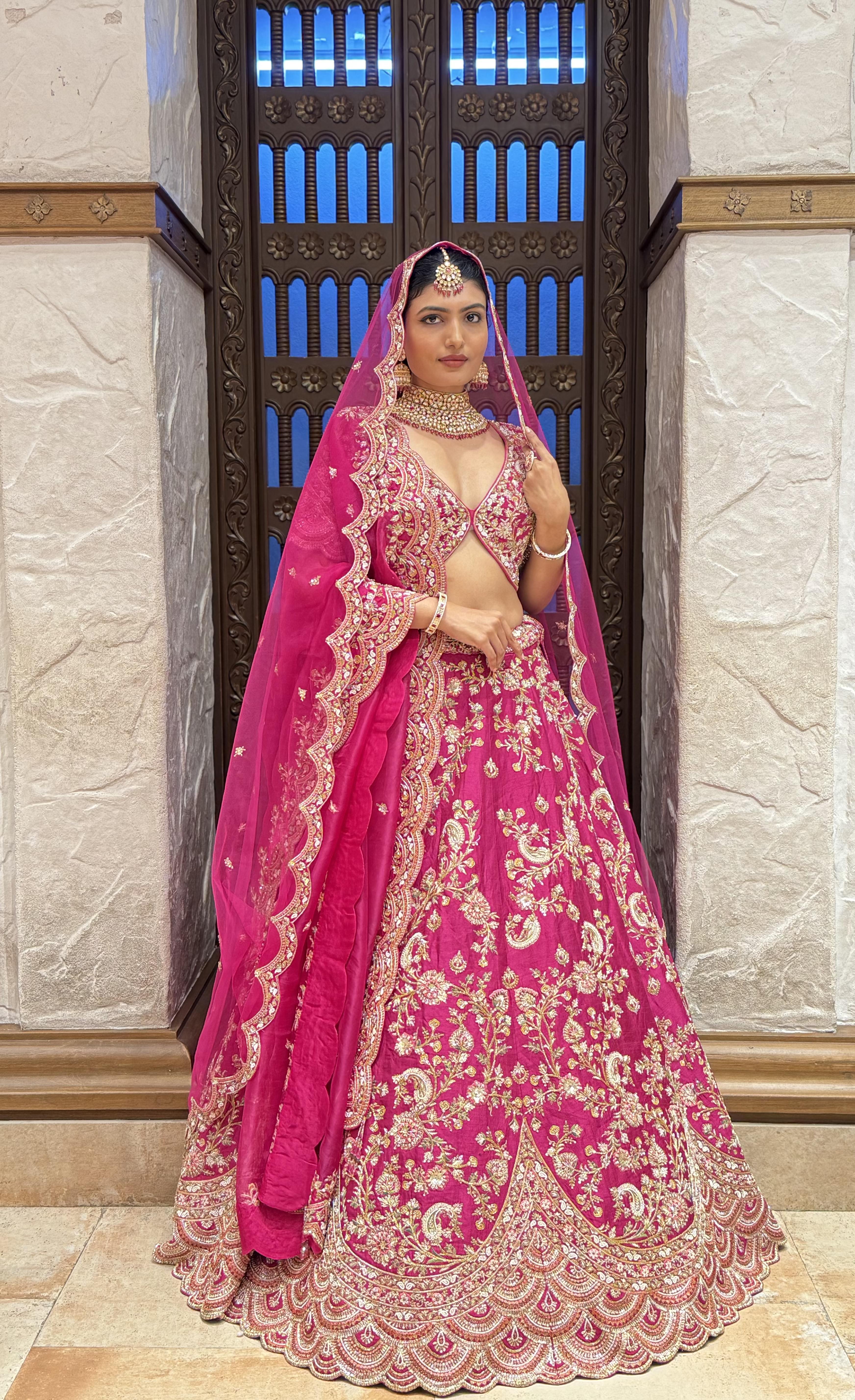 Vibrant Rani Pink Bridal Lehenga with Double Dupatta & Handcrafted Zardozi Embroidery - Image 7