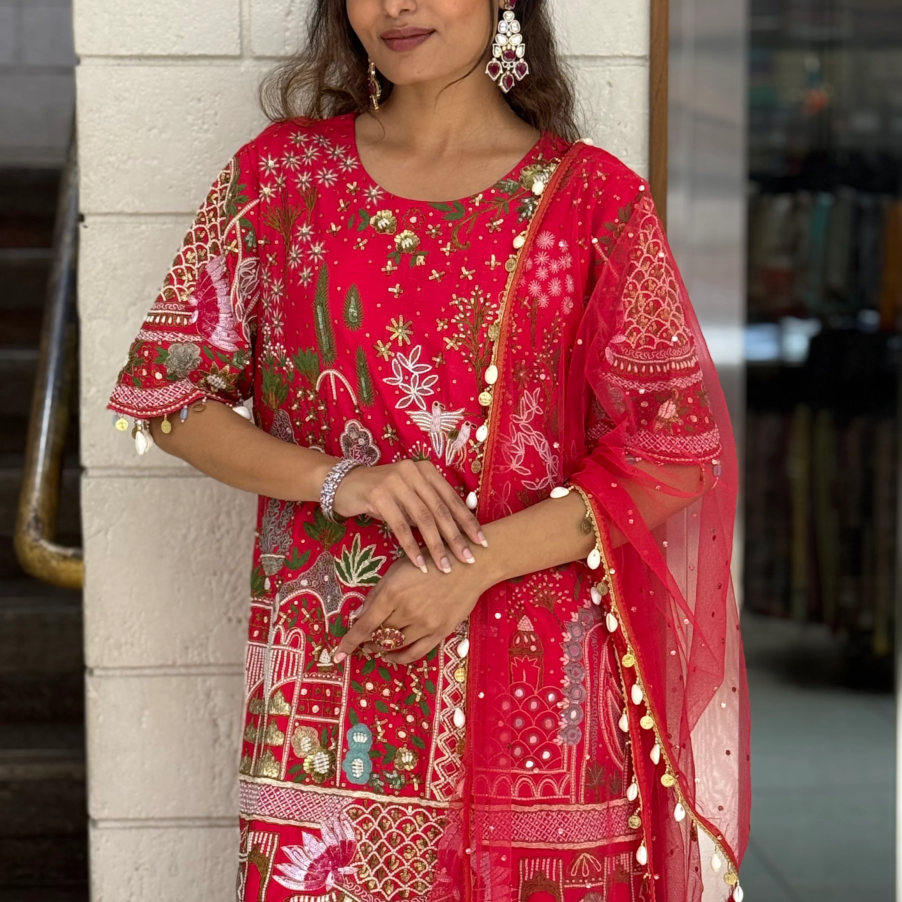 Vibrant Red Designer Kurta Set with Multicolor Embroidery & Tassel Dupatta - Image 2