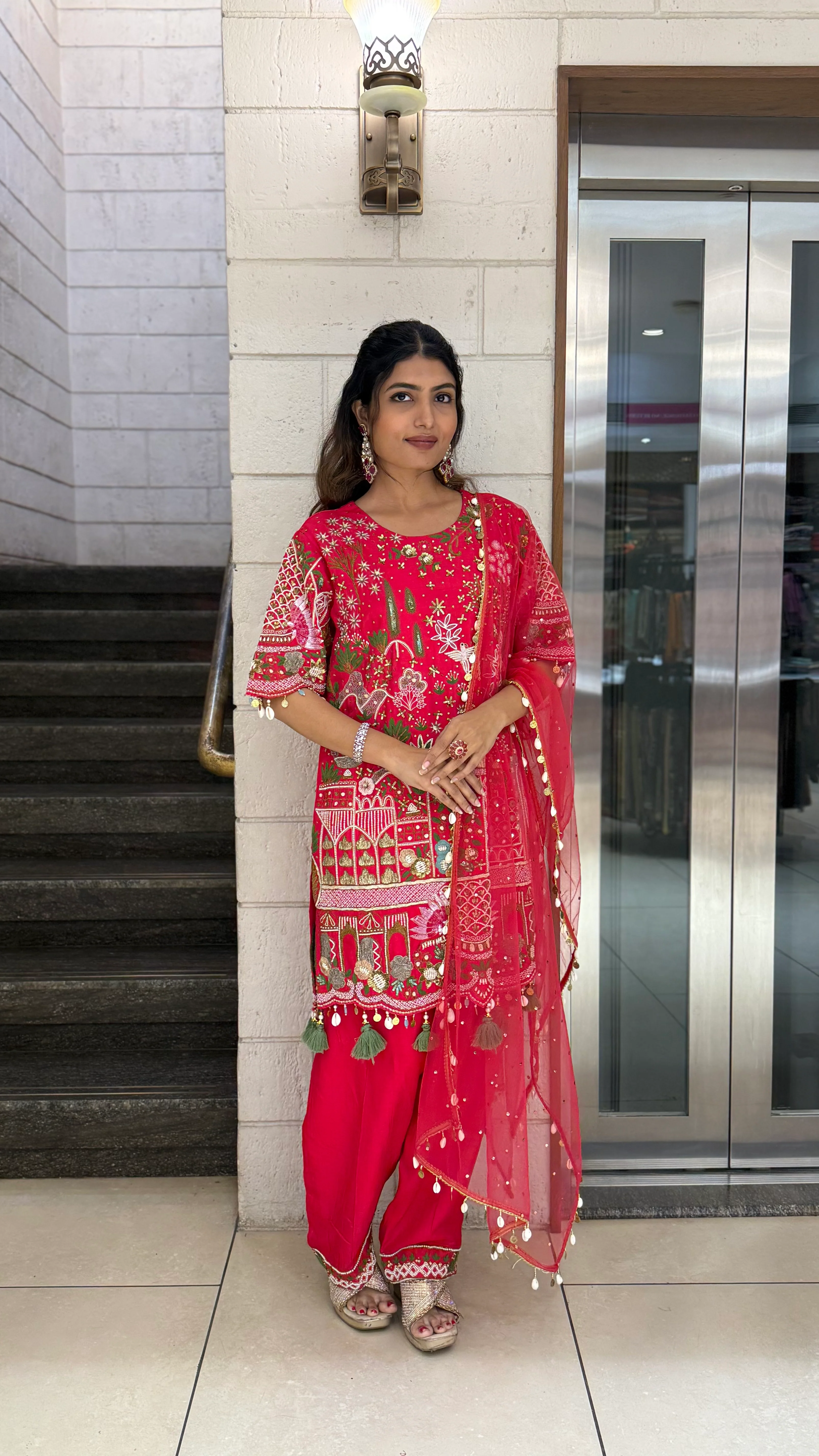 Vibrant Red Designer Kurta Set with Multicolor Embroidery & Tassel Dupatta - Image 3