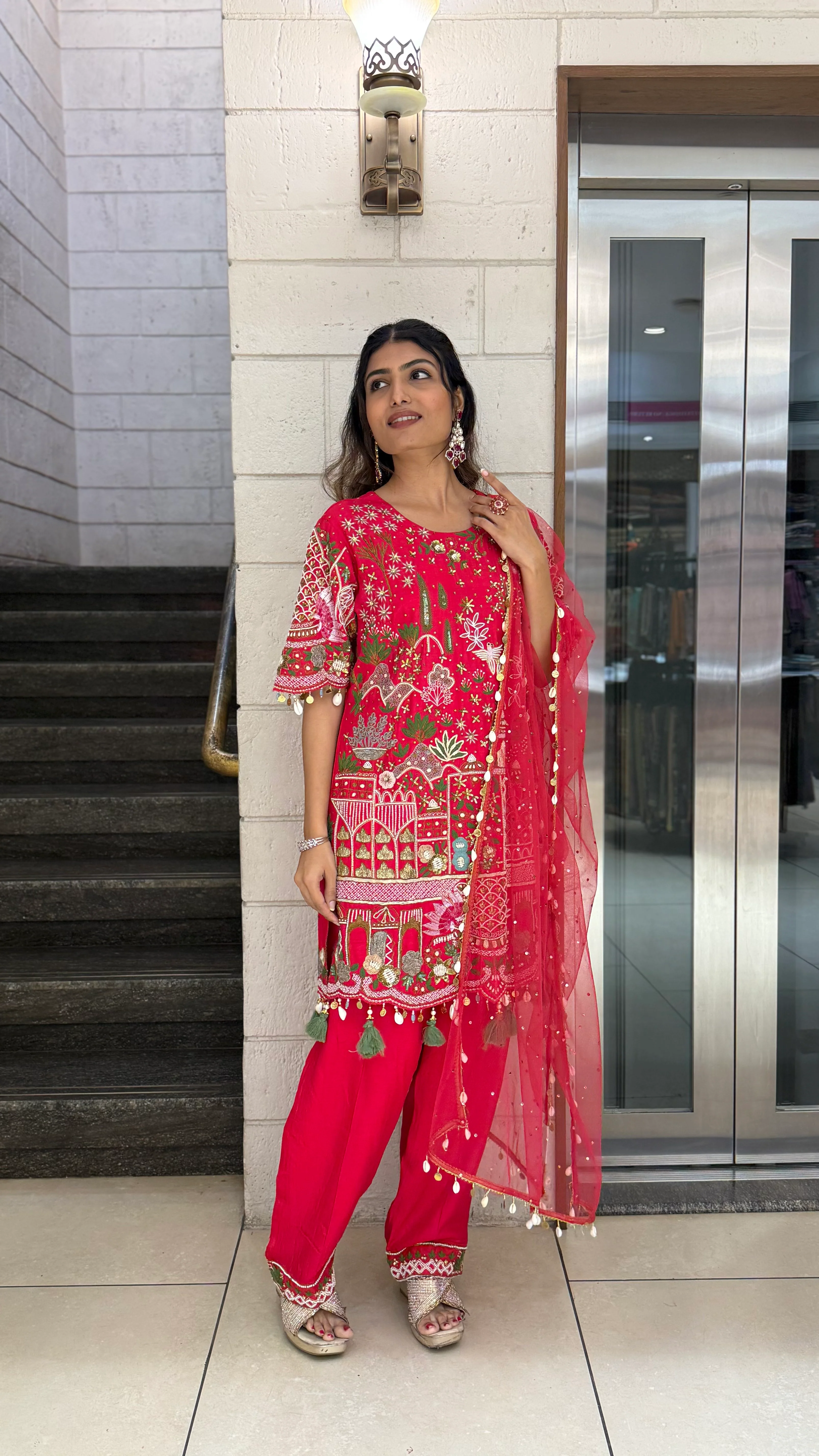 Vibrant Red Designer Kurta Set with Multicolor Embroidery & Tassel Dupatta - Image 4