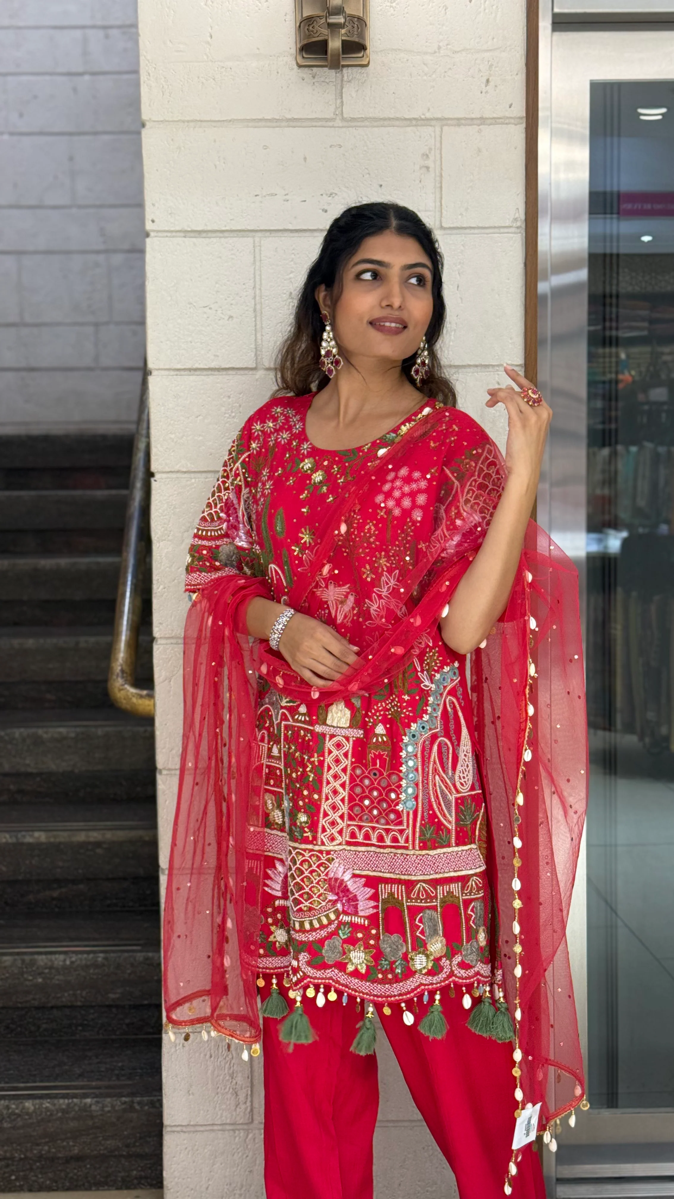 Vibrant Red Designer Kurta Set with Multicolor Embroidery & Tassel Dupatta - Image 5