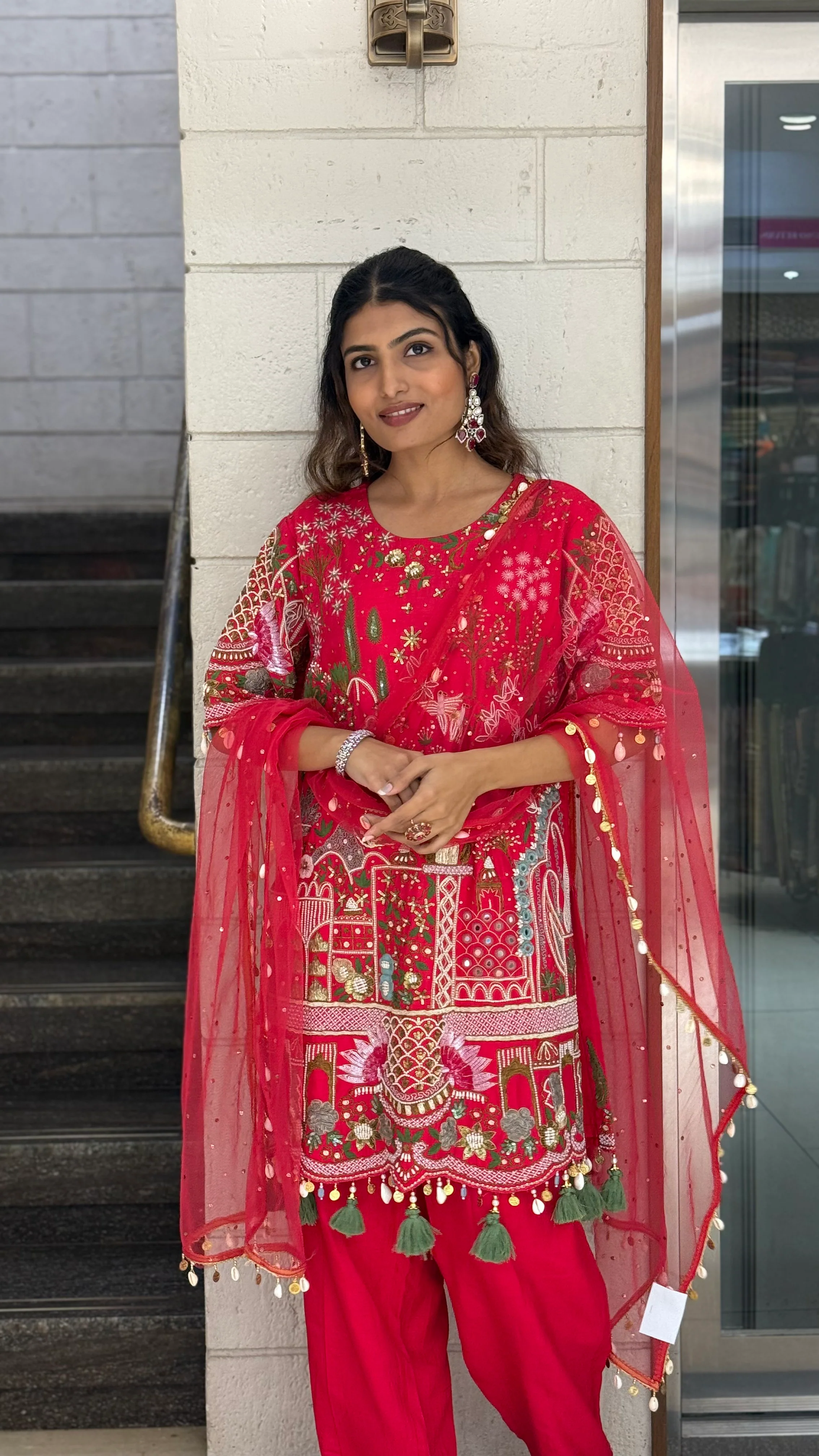 Vibrant Red Designer Kurta Set with Multicolor Embroidery & Tassel Dupatta - Image 6