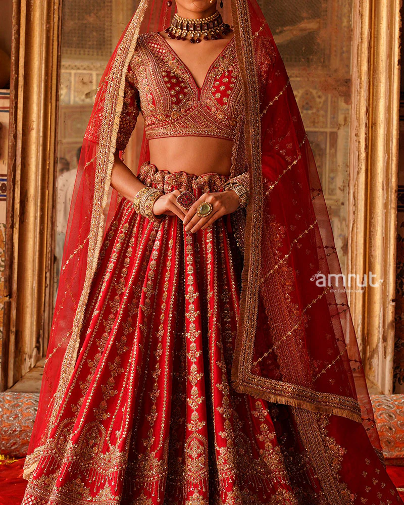 Vibrant Red Golden Embroidered Lehenga Choli with Sheer Net Dupatta - Image 3