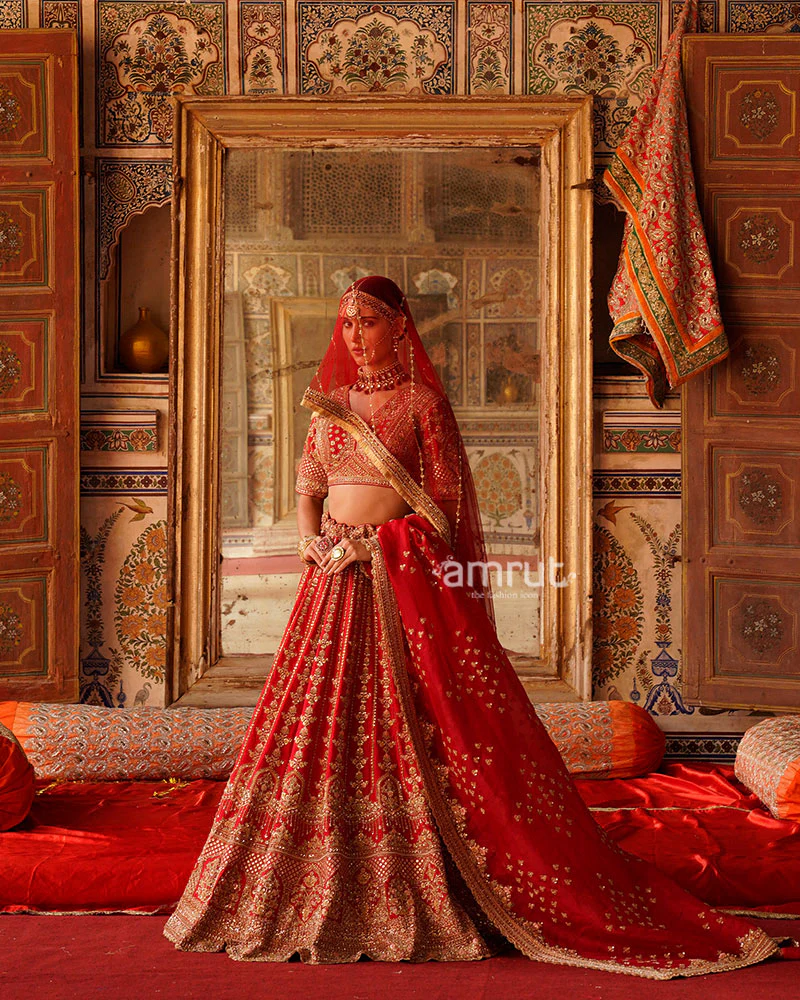 Vibrant Red Golden Embroidered Lehenga Choli with Sheer Net Dupatta - Image 4