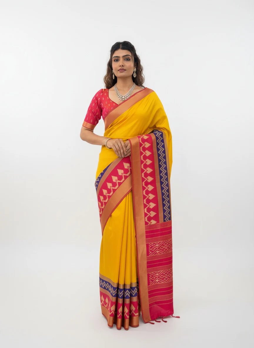 Vibrant Yellow Saree with Traditional Contrast Border – Unstitched Blouse Included - Image 5