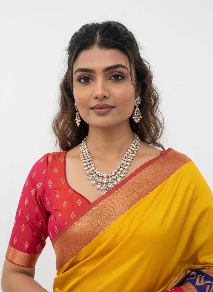 Vibrant Yellow Saree with Traditional Contrast Border – Unstitched Blouse Included - Image 6
