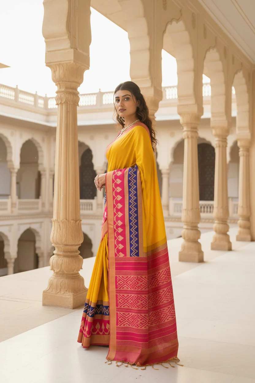 Vibrant Yellow Saree with Traditional Contrast Border – Unstitched Blouse Included - Image 7