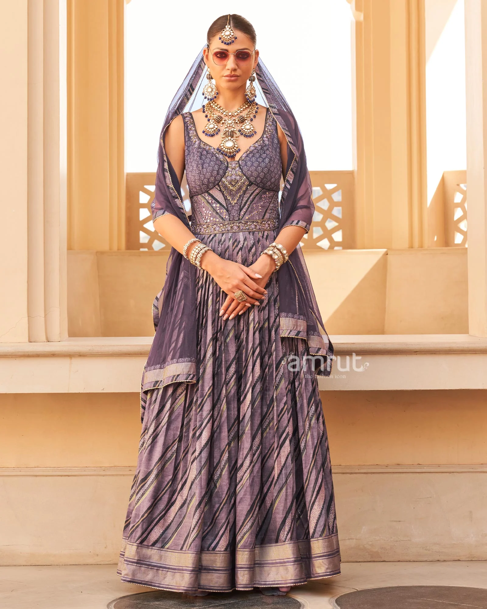 Violet Anarkali Dress and Men Blue Kurta Set - Image 3