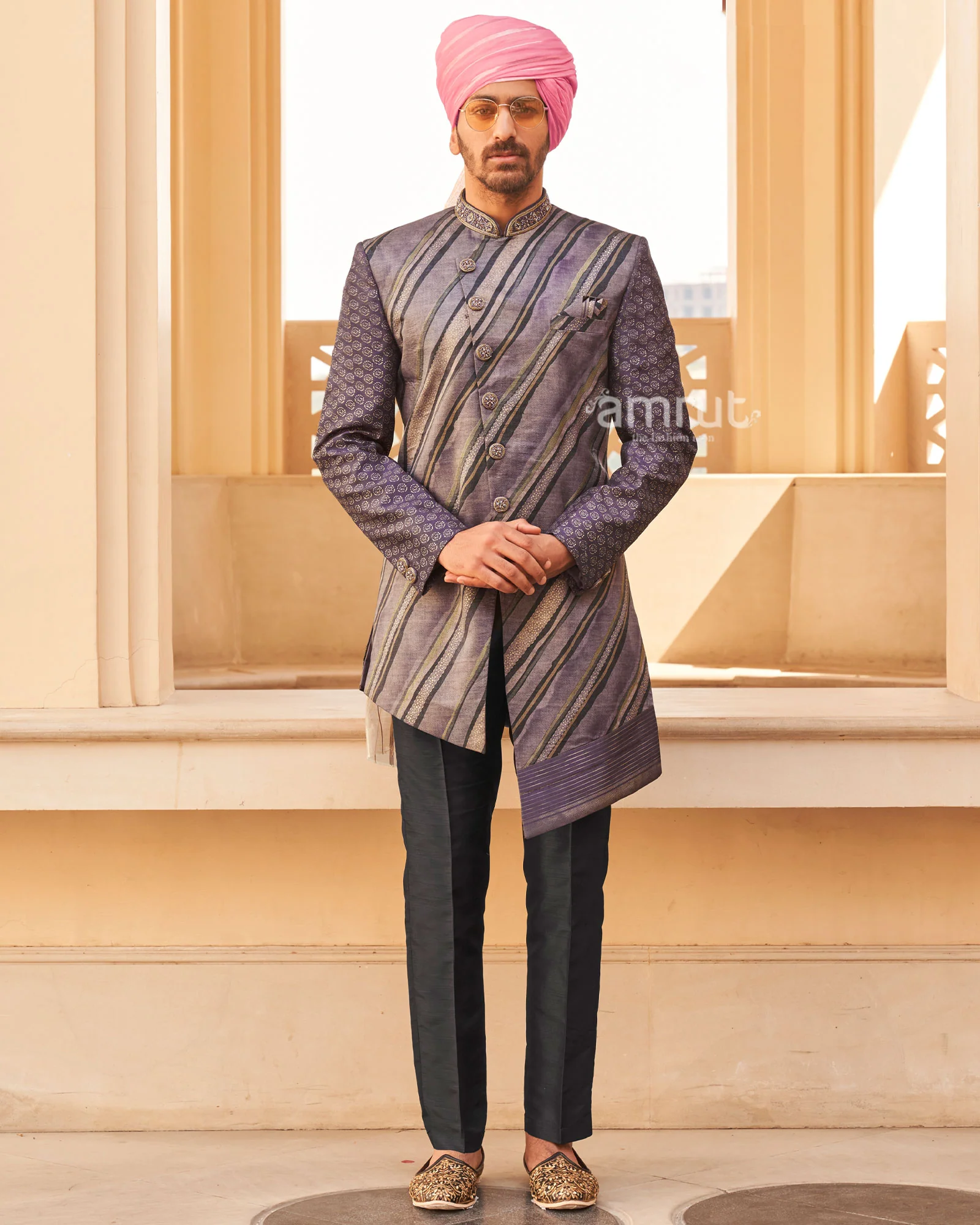 Violet Anarkali Dress and Men Blue Kurta Set - Image 4