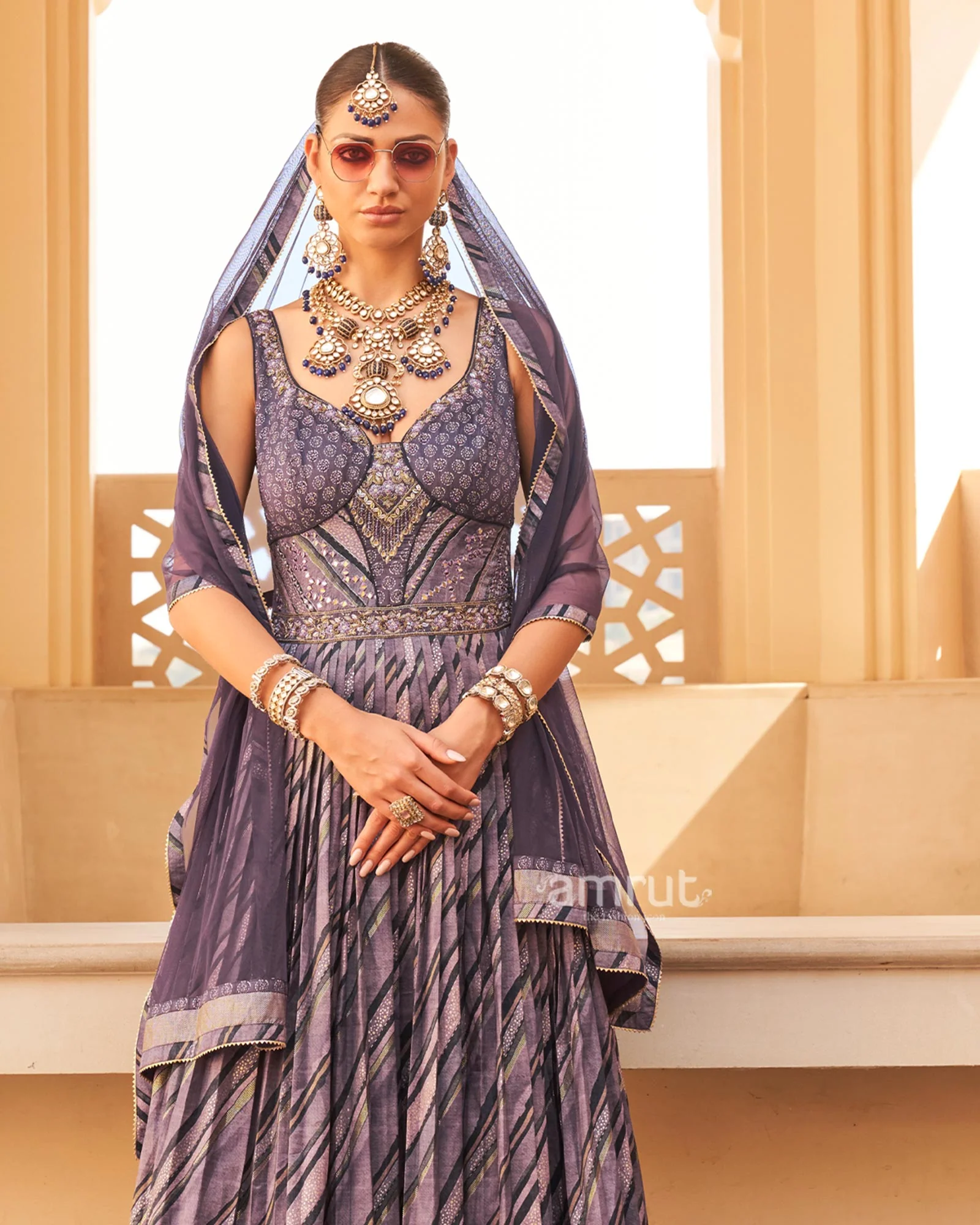 Violet Anarkali Dress and Men Blue Kurta Set - Image 5