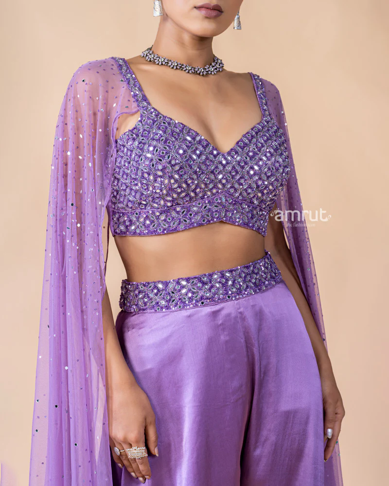 Violet Crop Top and Palazzo Set with Draped Net Dupatta - Image 3