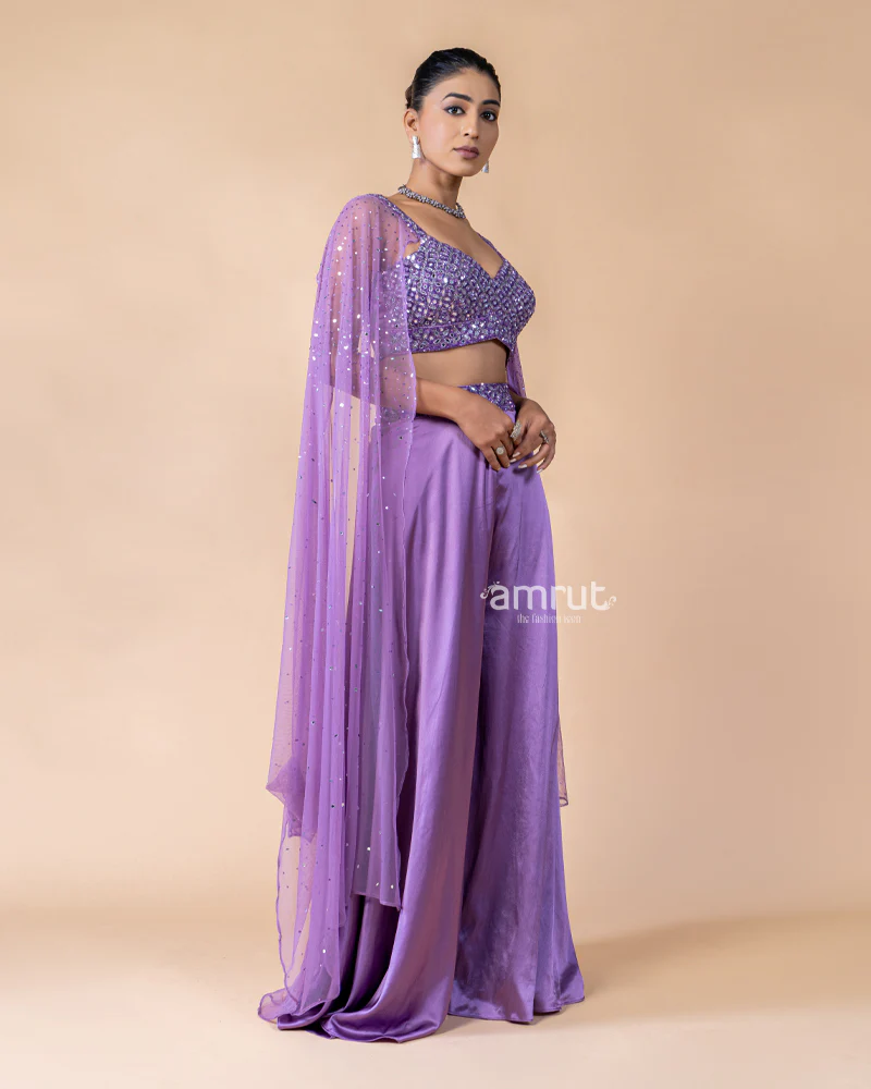 Violet Crop Top and Palazzo Set with Draped Net Dupatta - Image 4