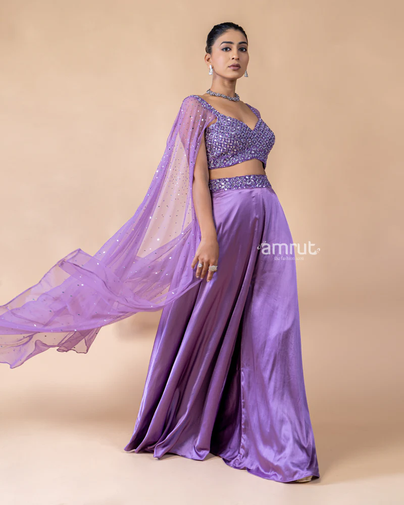 Violet Crop Top and Palazzo Set with Draped Net Dupatta - Image 5