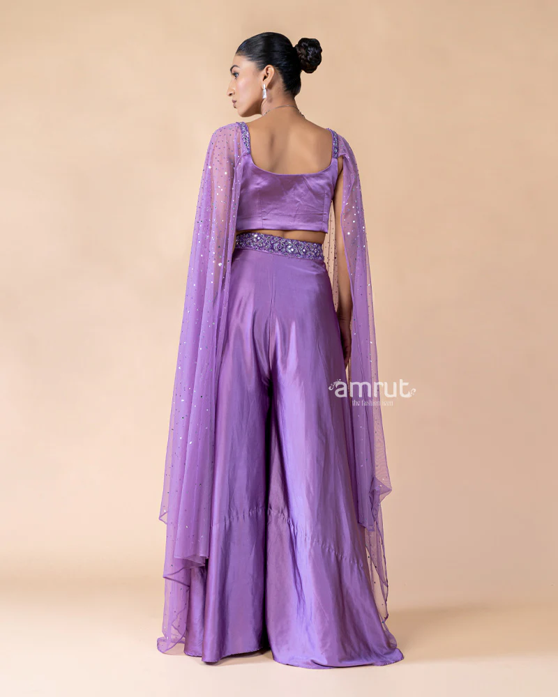 Violet Crop Top and Palazzo Set with Draped Net Dupatta - Image 6
