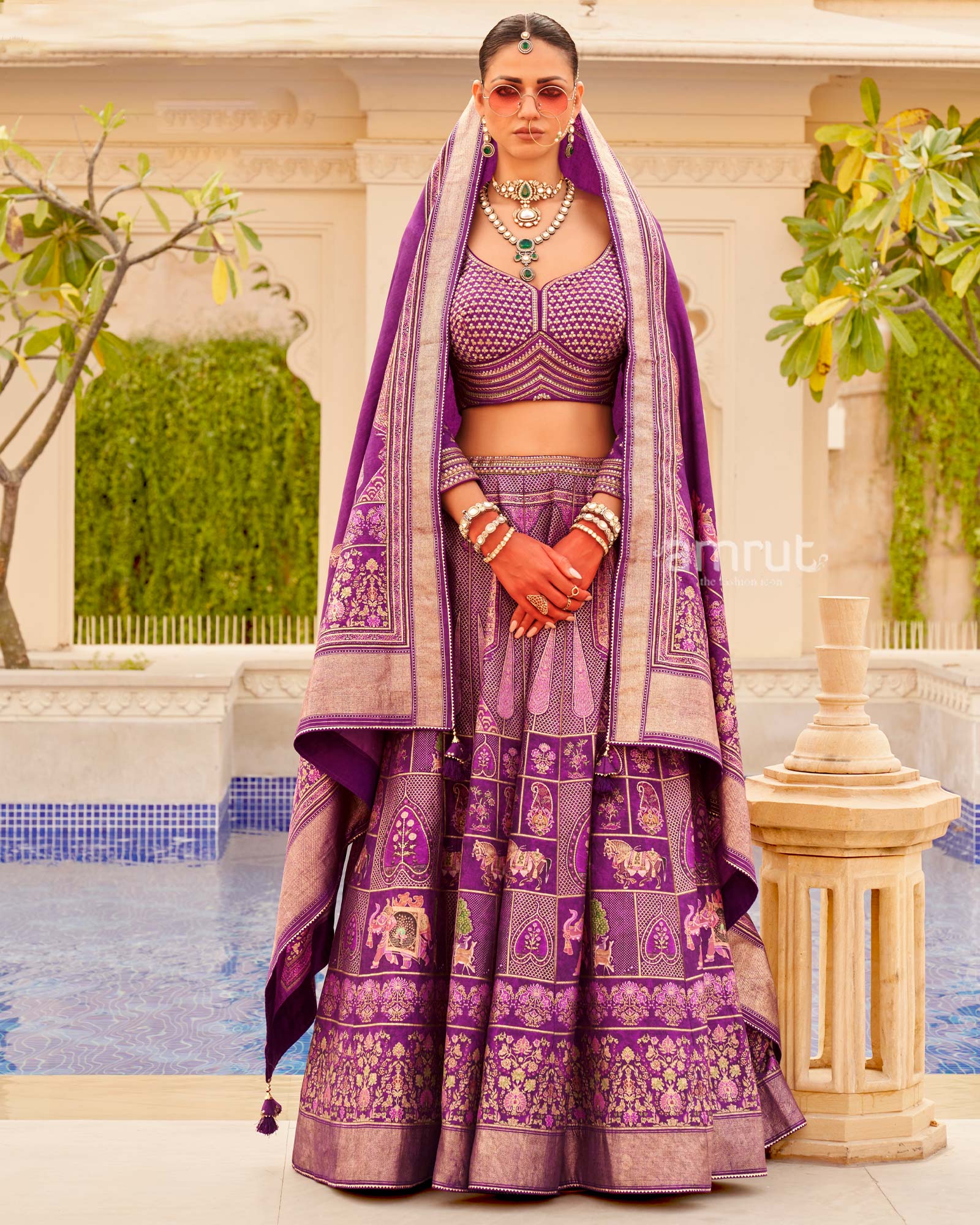 Violet Floral Printed lehenga Set and Men Kurta Set with Coat - Image 3