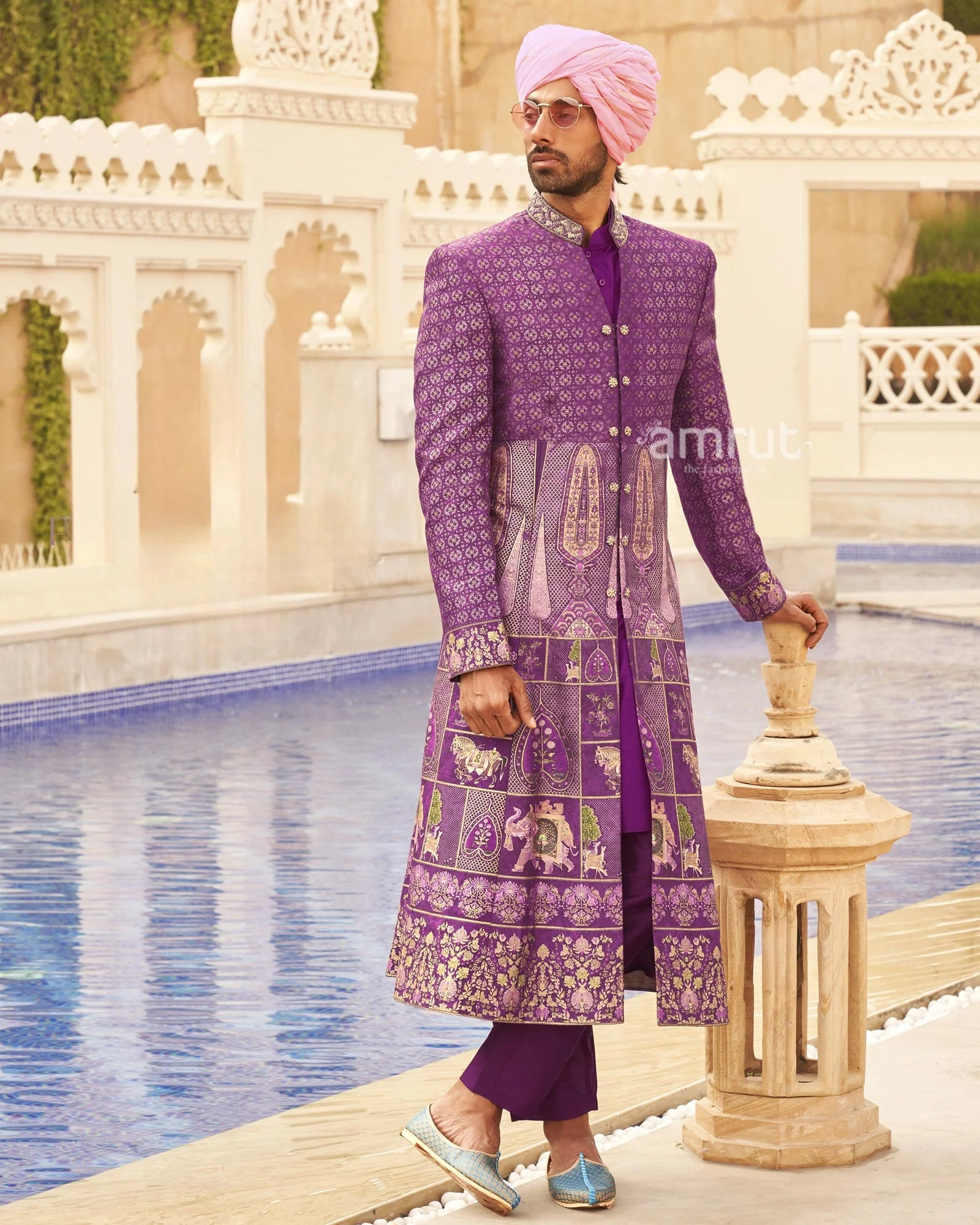 Violet Floral Printed lehenga Set and Men Kurta Set with Coat - Image 4