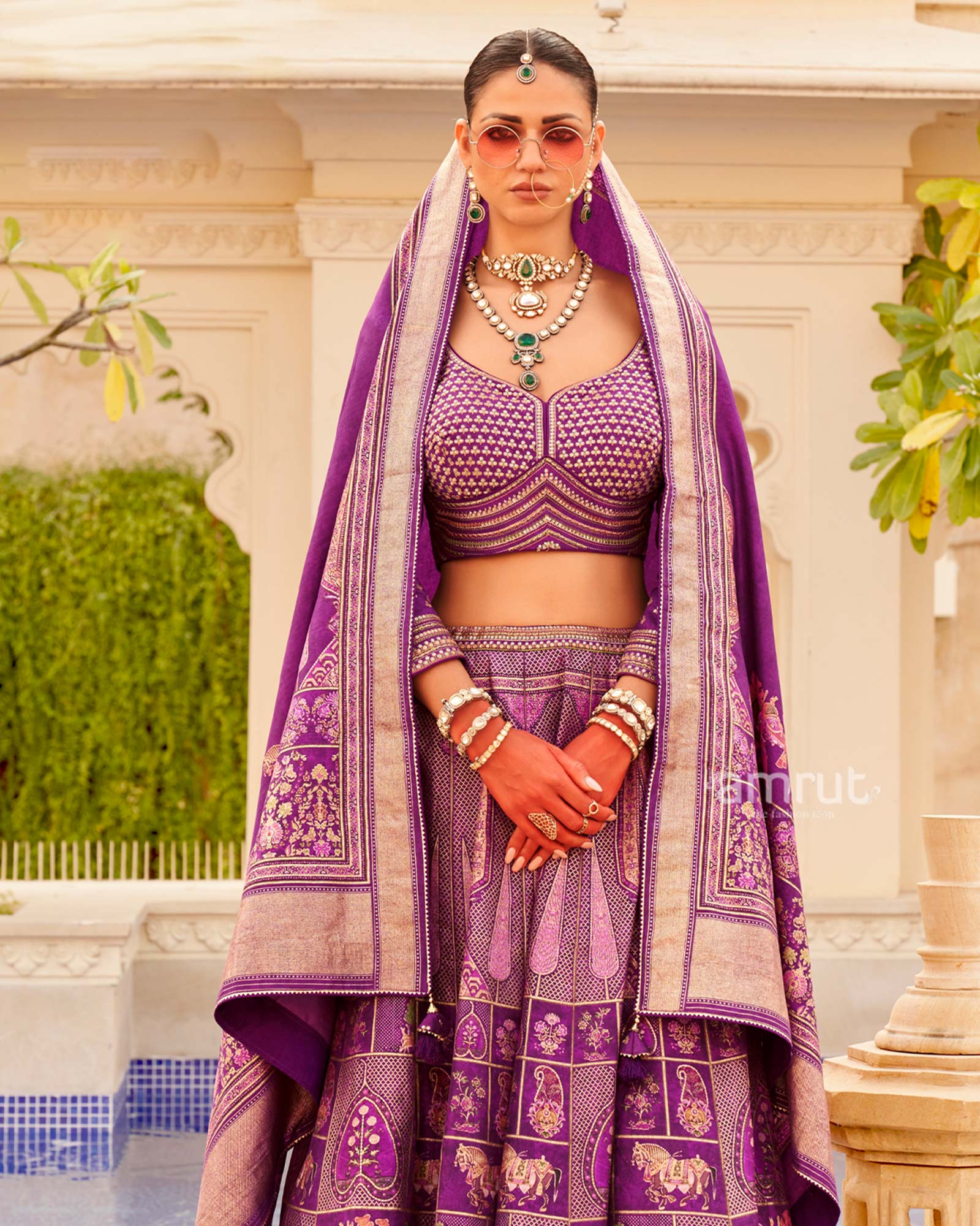Violet Floral Printed lehenga Set and Men Kurta Set with Coat - Image 5