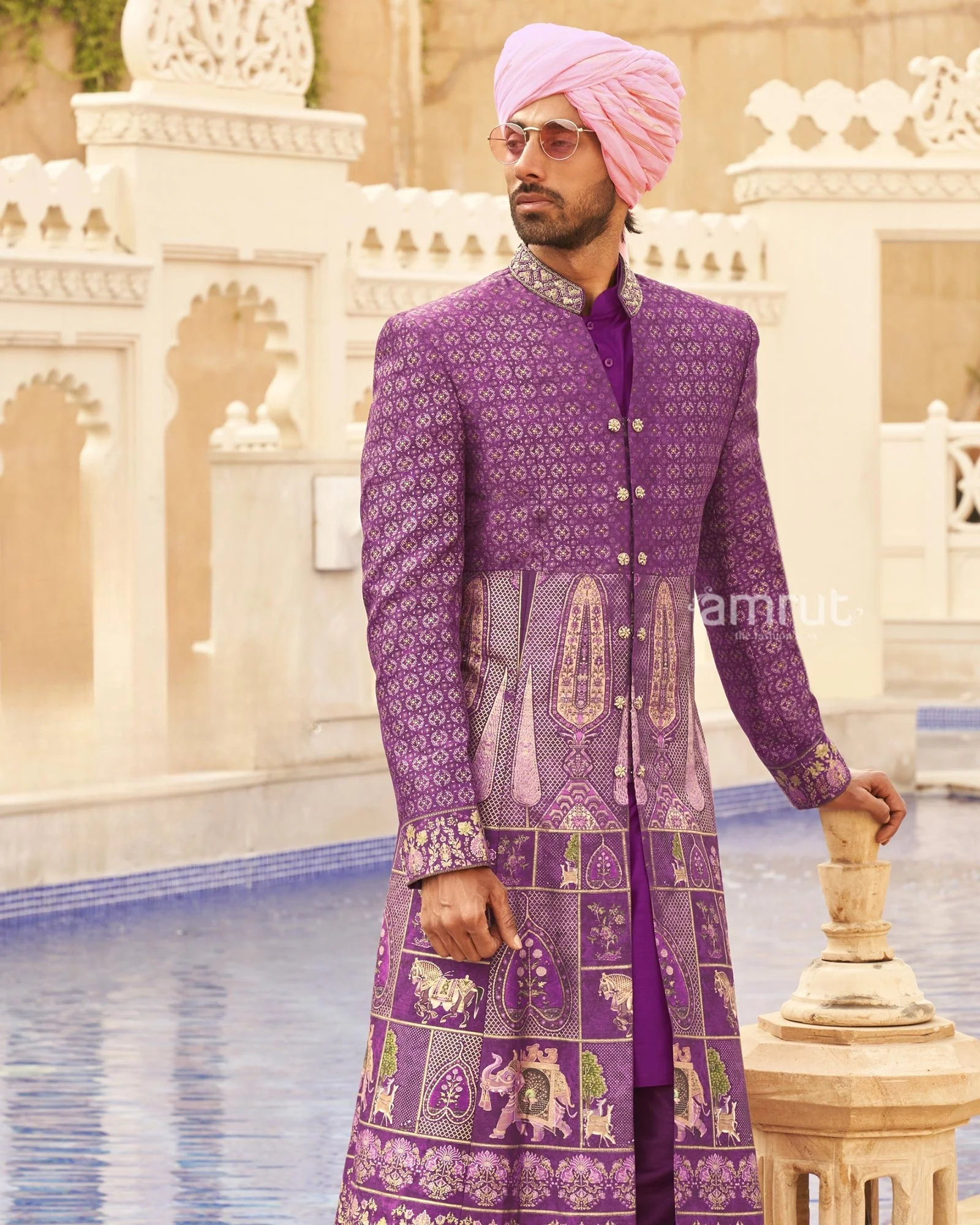 Violet Floral Printed lehenga Set and Men Kurta Set with Coat - Image 6