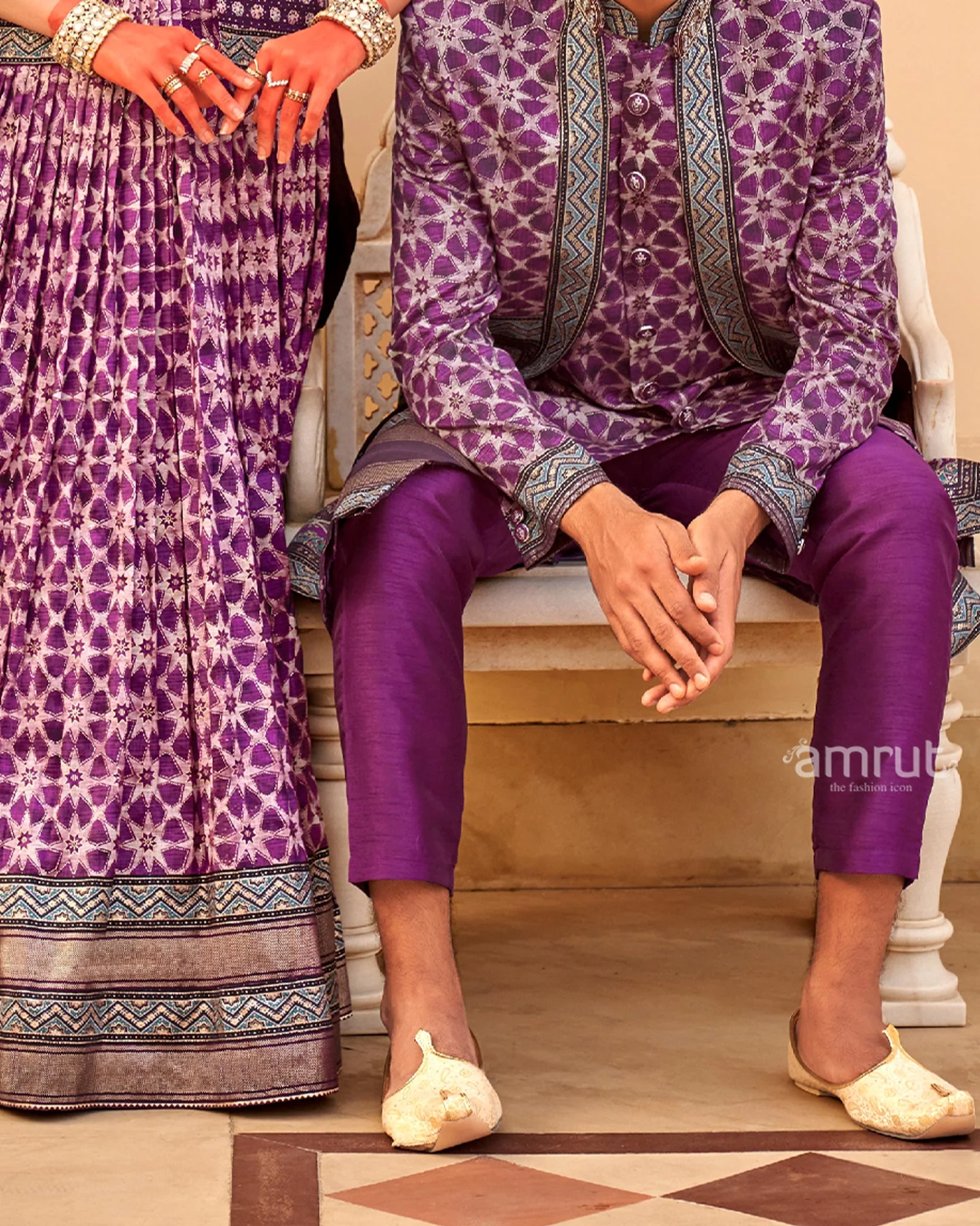 Violet lehenga Set and Men Kurta Set with Printed Coat - Image 3