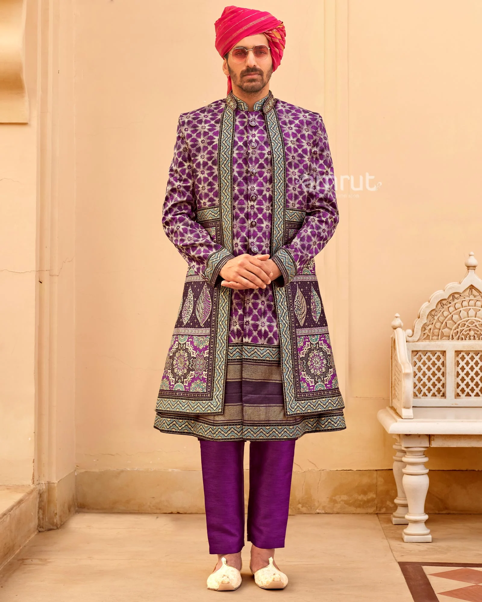Violet lehenga Set and Men Kurta Set with Printed Coat - Image 4
