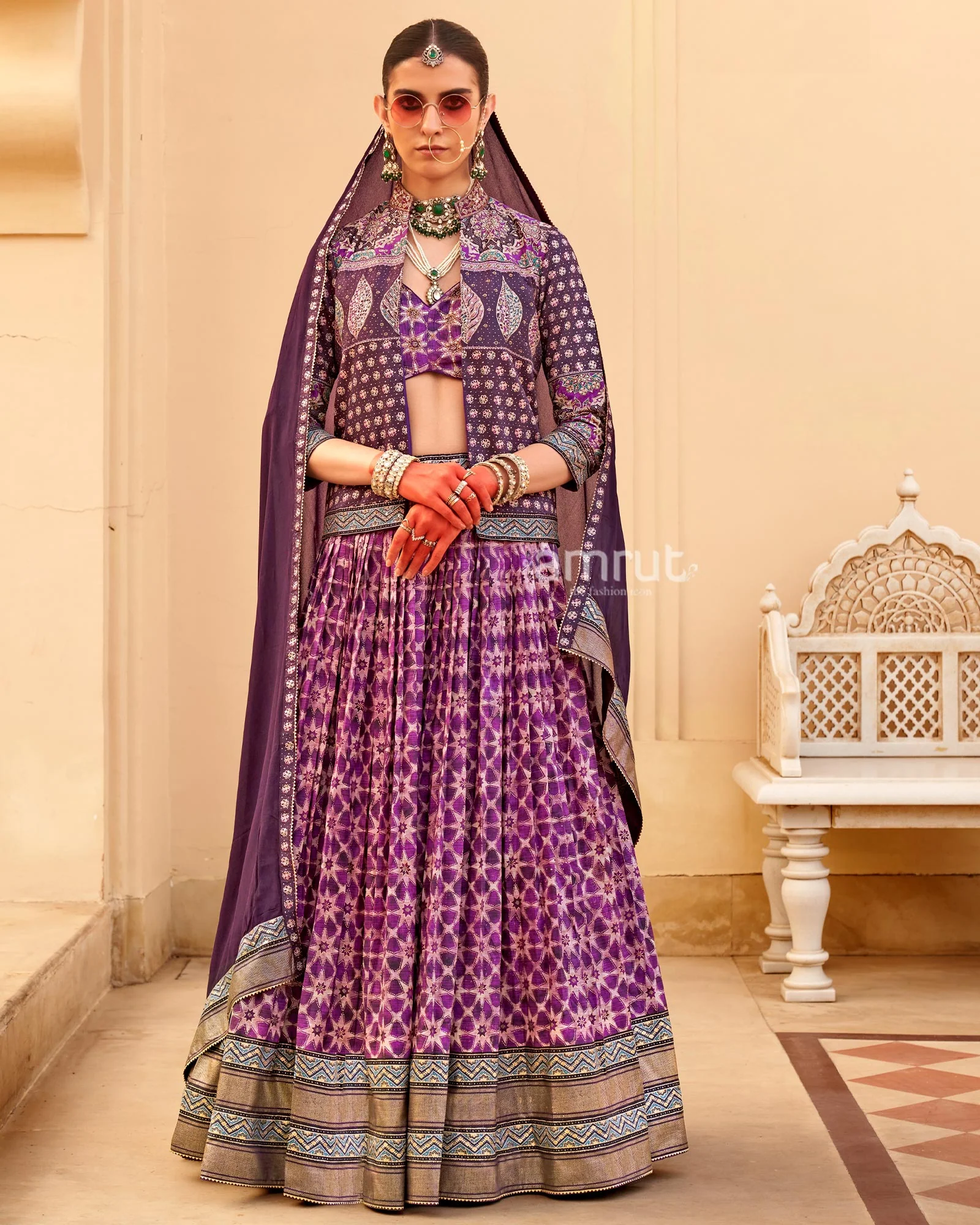 Violet lehenga Set and Men Kurta Set with Printed Coat - Image 5