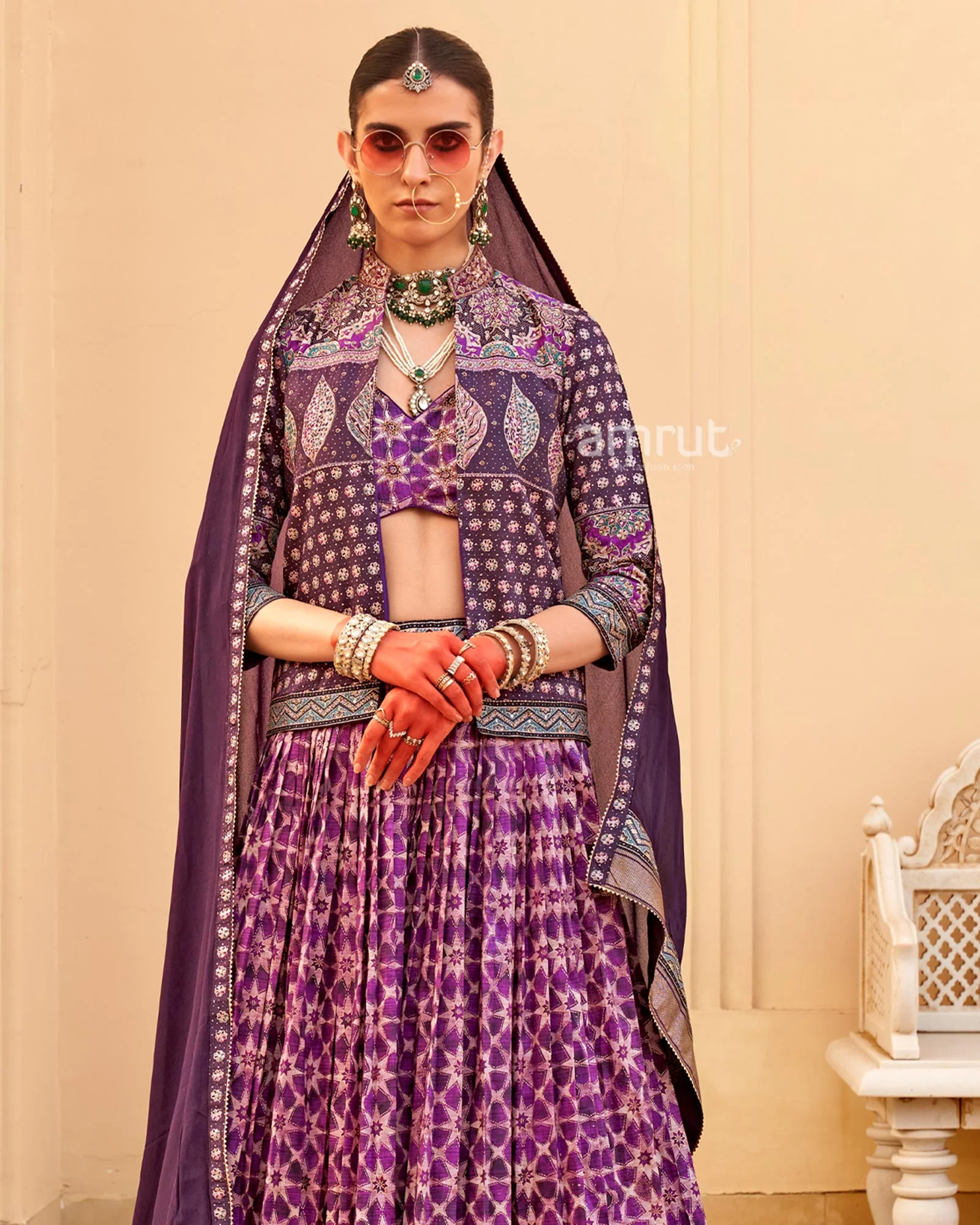 Violet lehenga Set and Men Kurta Set with Printed Coat - Image 6