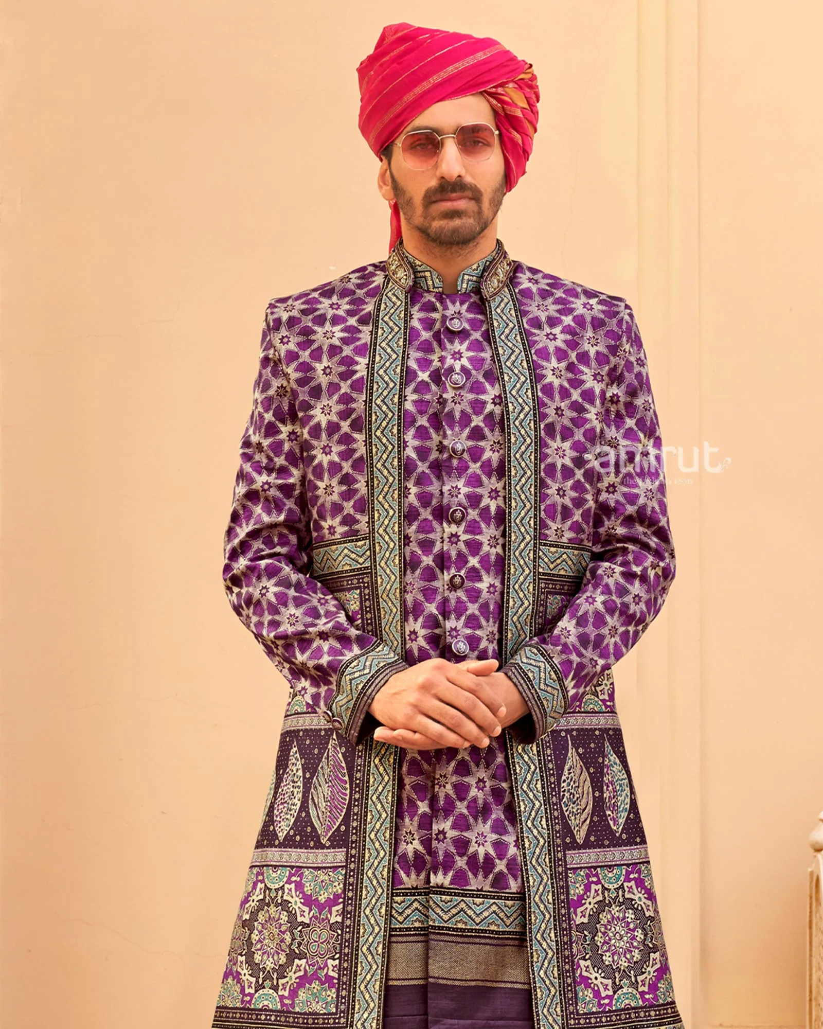 Violet lehenga Set and Men Kurta Set with Printed Coat - Image 7