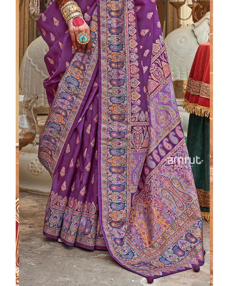 Violet Pashmina Silk Saree Embellished Traditional Buti Design and Border with Unstitched Blouse - Image 3