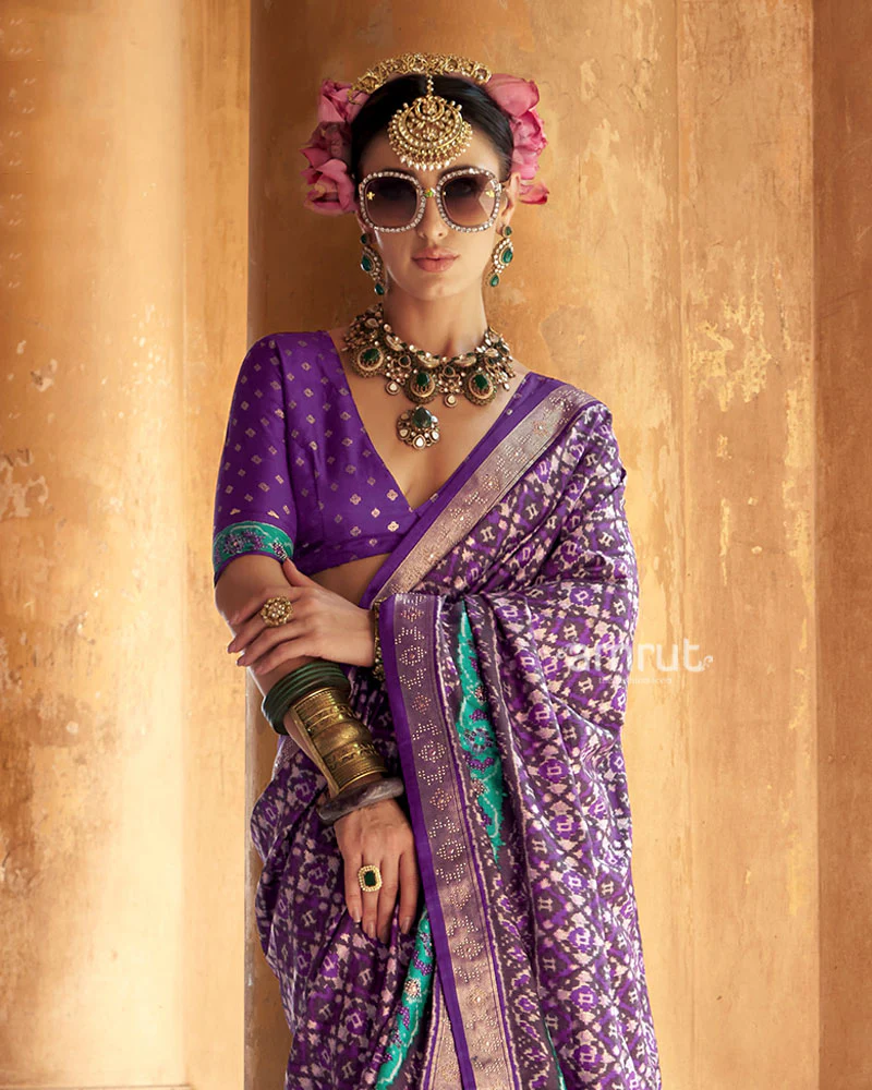 Violet Patola Silk Saree with Embellished Border and Unstitched Blouse - Image 2