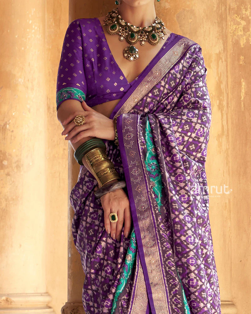 Violet Patola Silk Saree with Embellished Border and Unstitched Blouse - Image 3