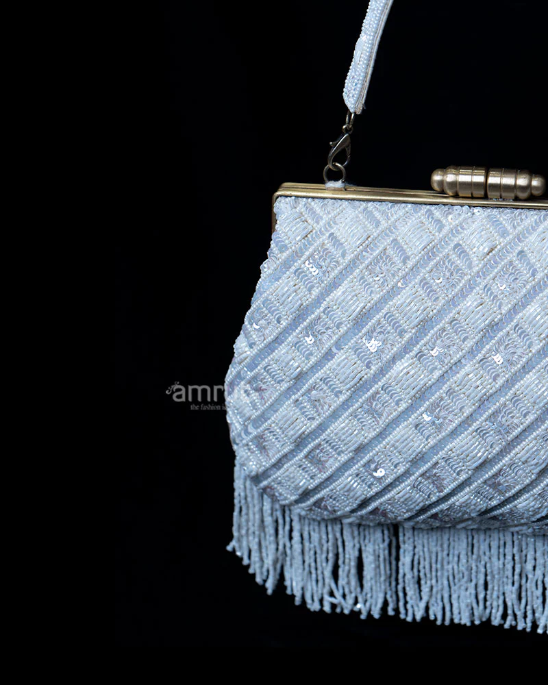 White Bead-Embellished Clutch Bag with wide Hand Strap - Image 2