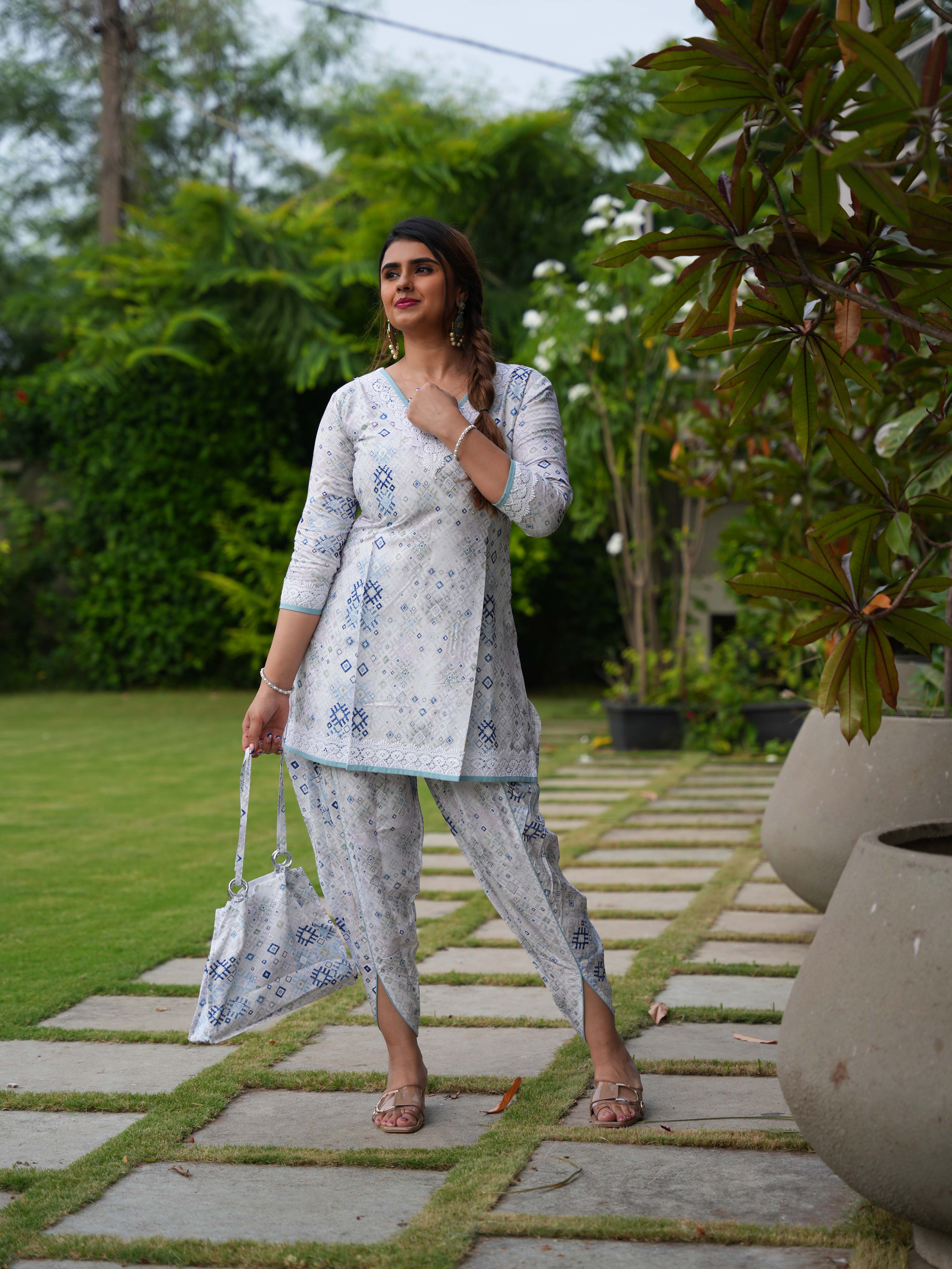 White & Blue Printed Cotton Ethnic Suit Set with Matching Handbag - Image 3