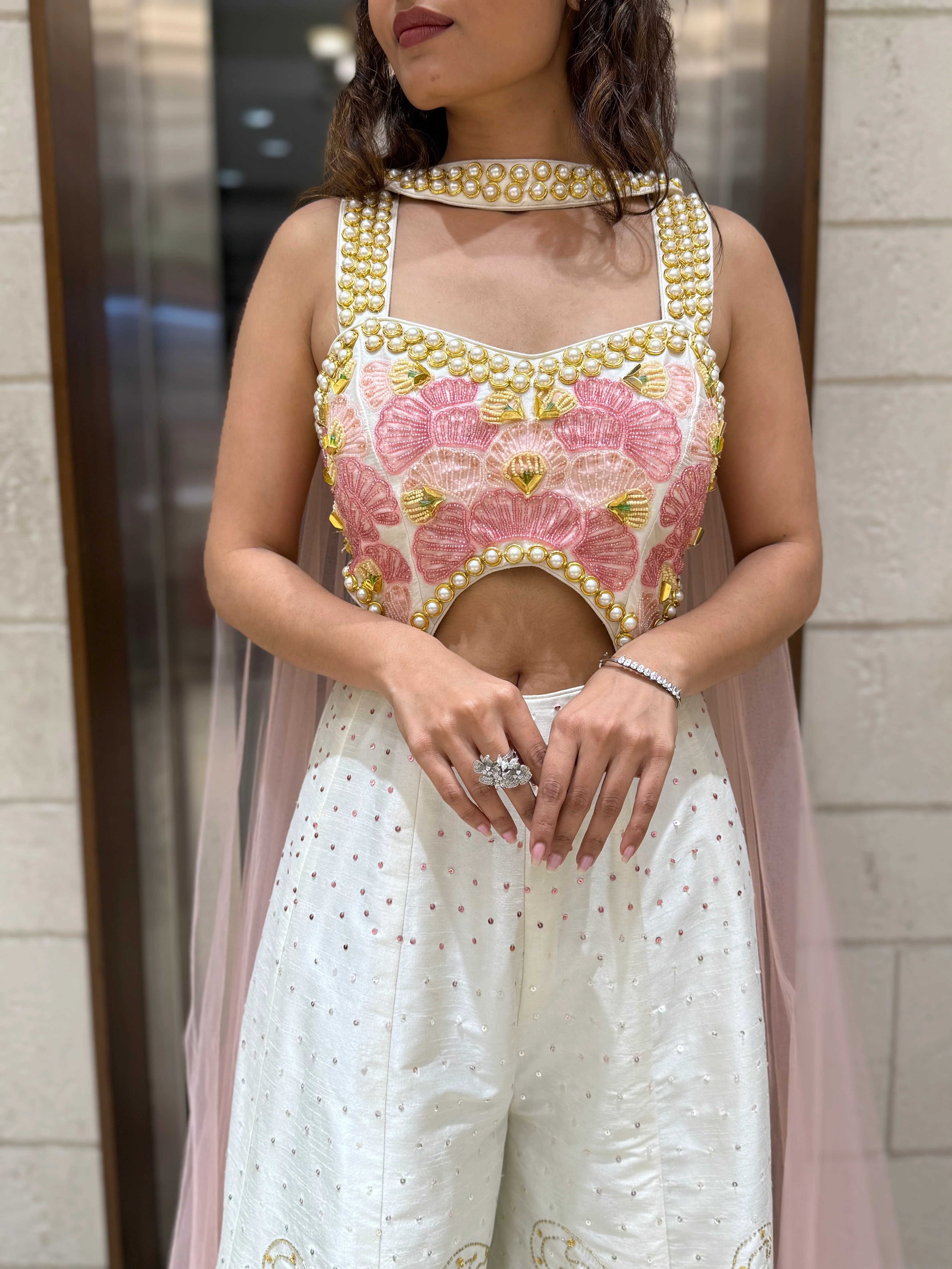 White & Blush Pink Heavy Embroidered with Pearl Jumpsuit Designer Blouse - Image 2