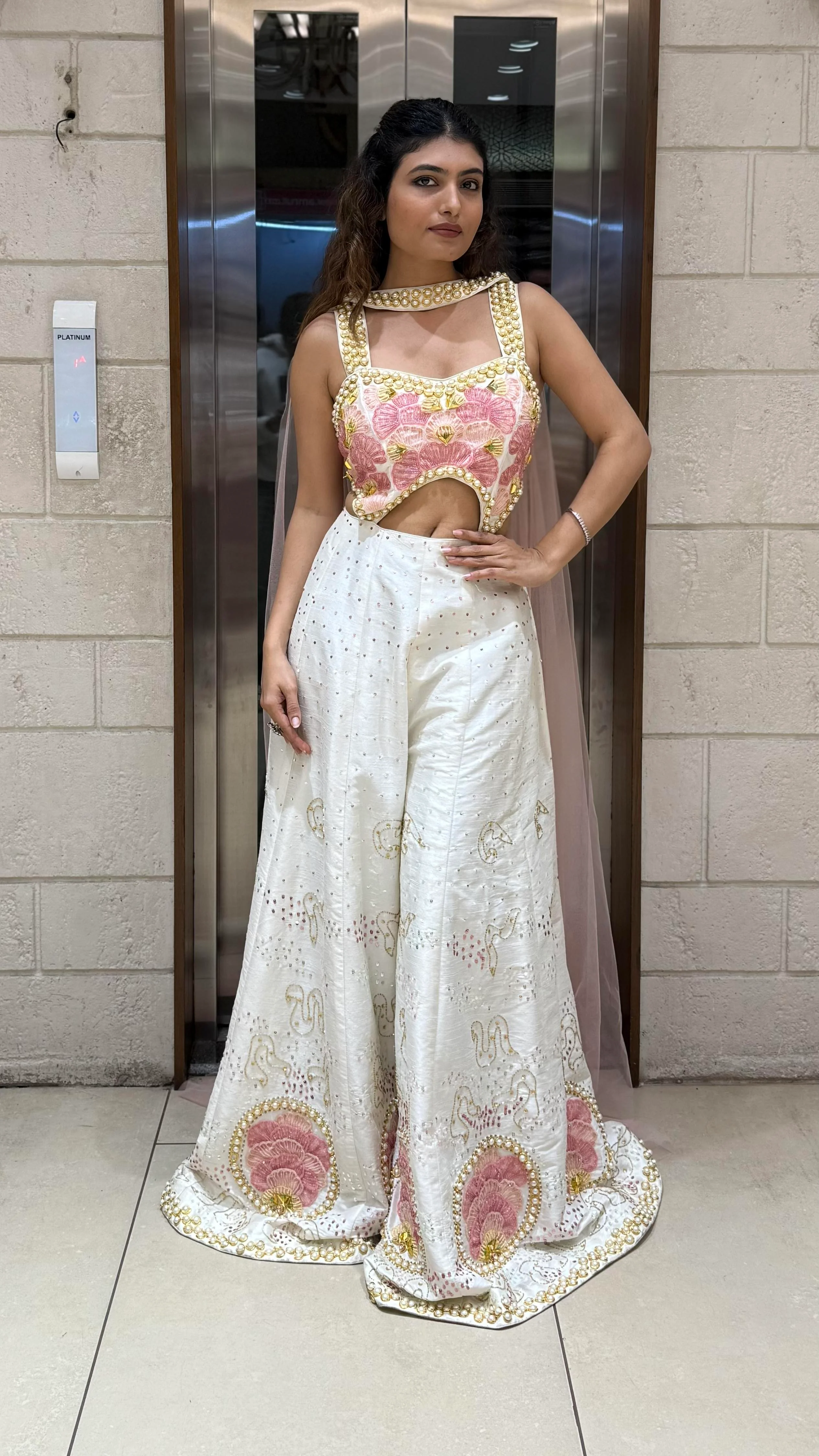 White & Blush Pink Heavy Embroidered with Pearl Jumpsuit Designer Blouse - Image 3