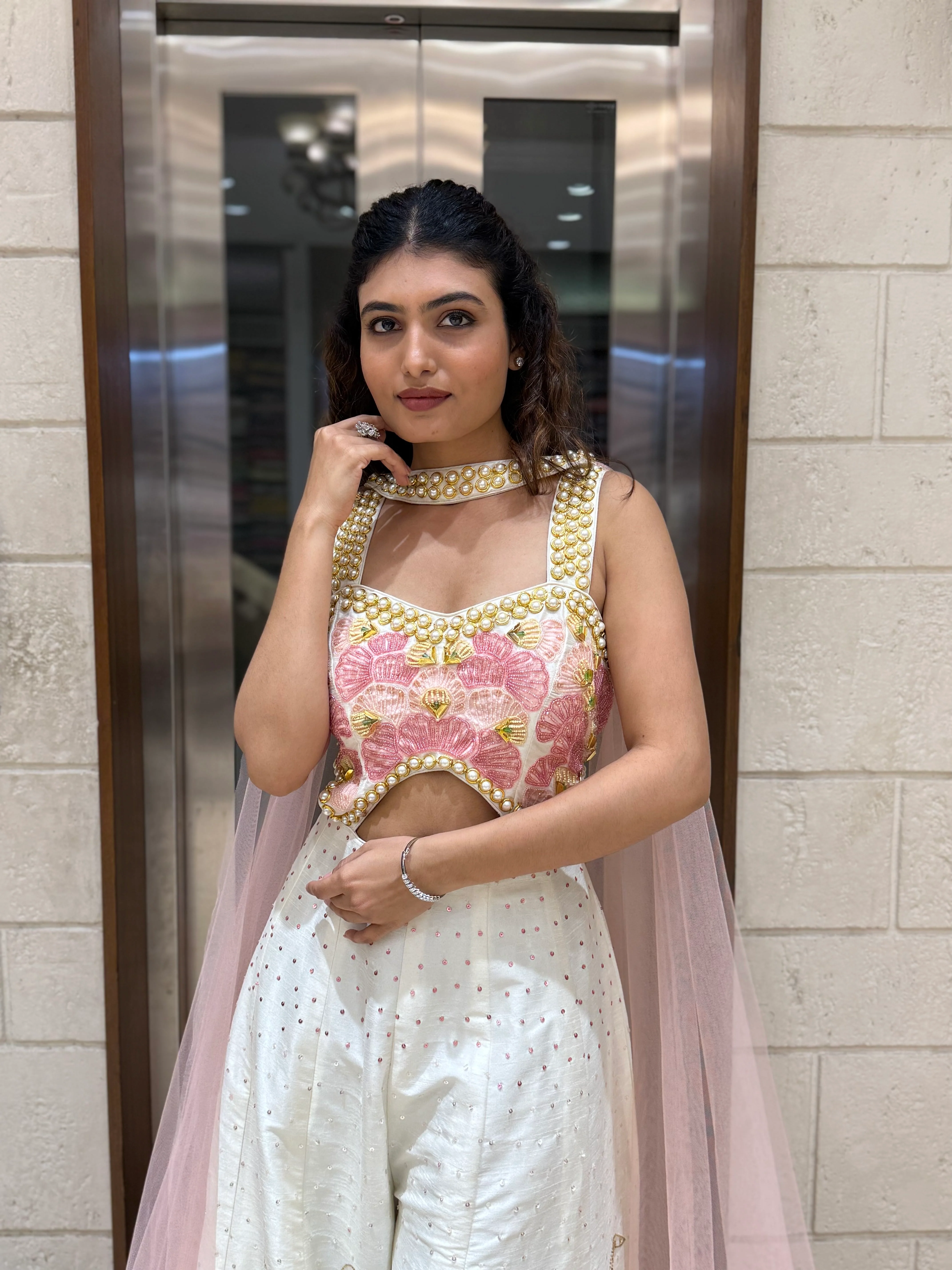 White & Blush Pink Heavy Embroidered with Pearl Jumpsuit Designer Blouse - Image 4