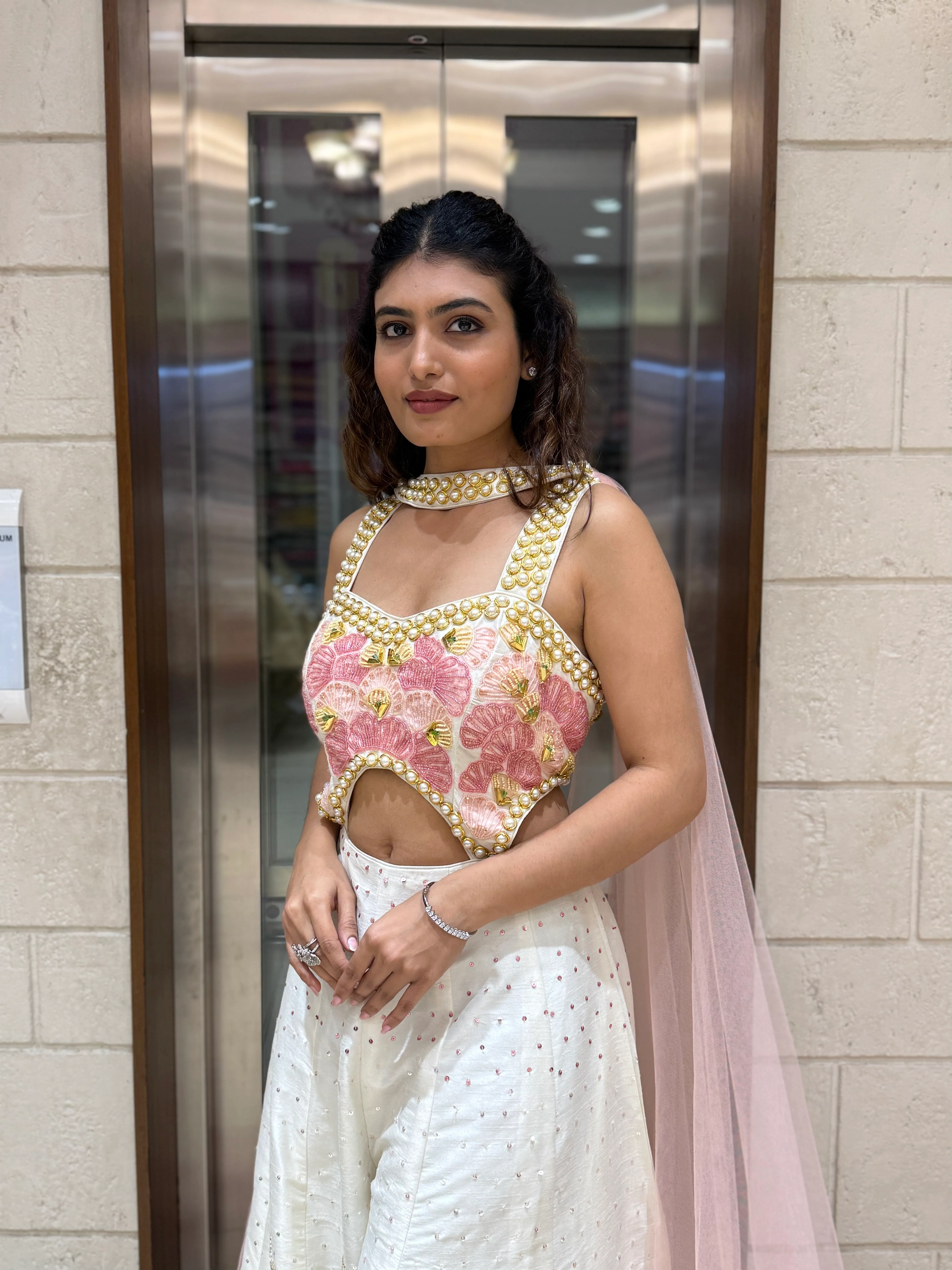 White & Blush Pink Heavy Embroidered with Pearl Jumpsuit Designer Blouse - Image 5