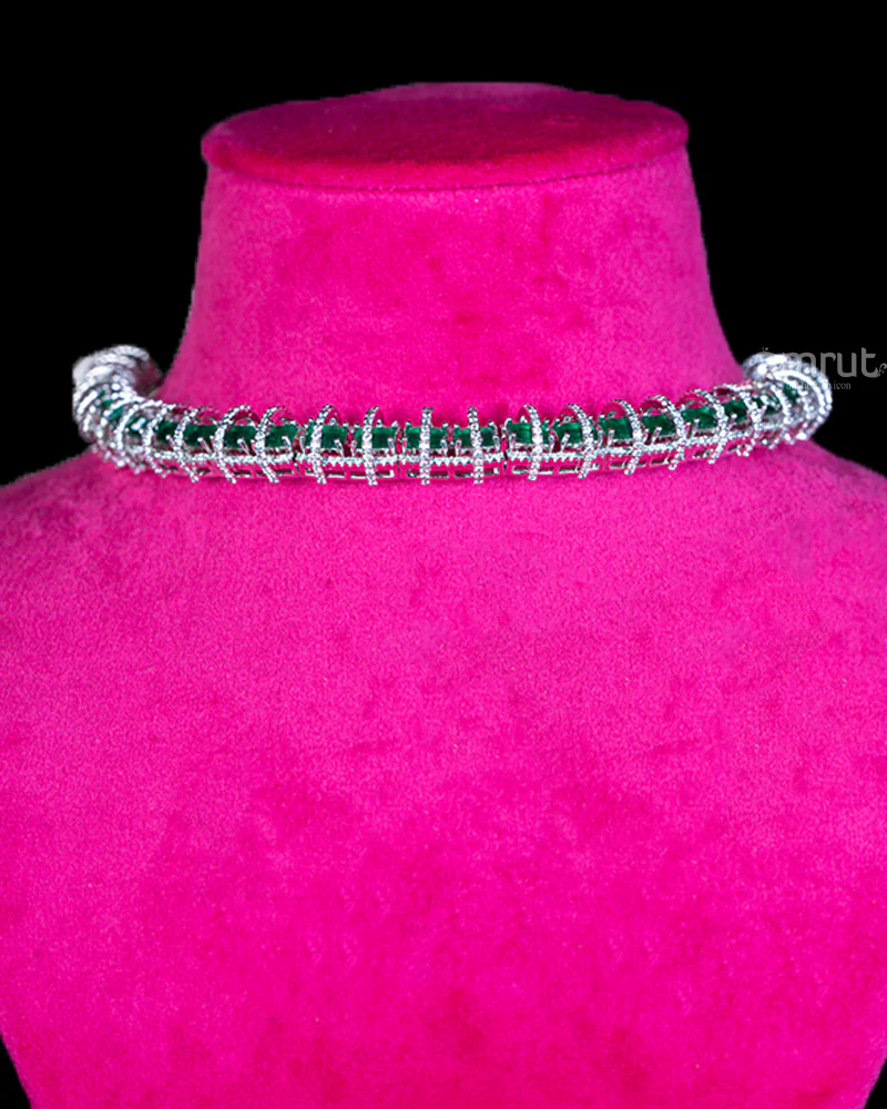 White Diamond and Green Gemstone Necklace with Earrings Set - Image 2