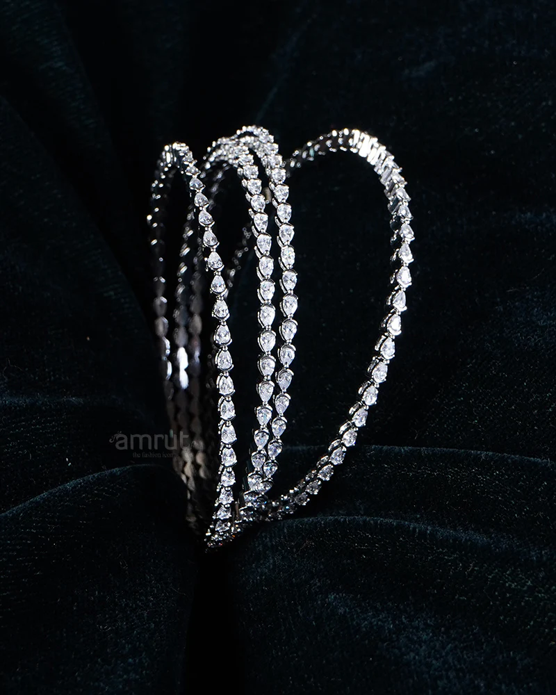 White Diamond Gemstone Silver-Toned Four Bangle Set - Image 2