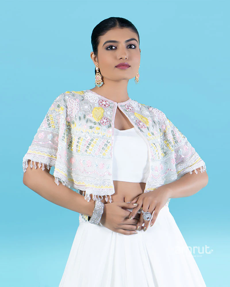 White Embellished Cape with Crop Choli and Pleated Lehenga - Image 2