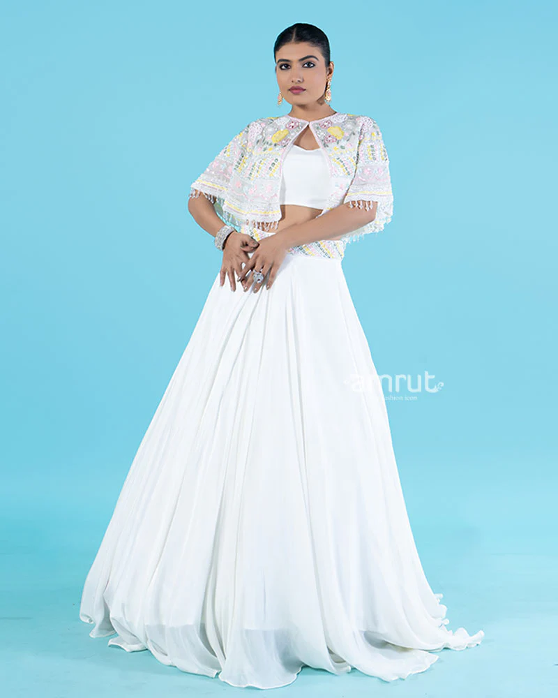 White Embellished Cape with Crop Choli and Pleated Lehenga - Image 4