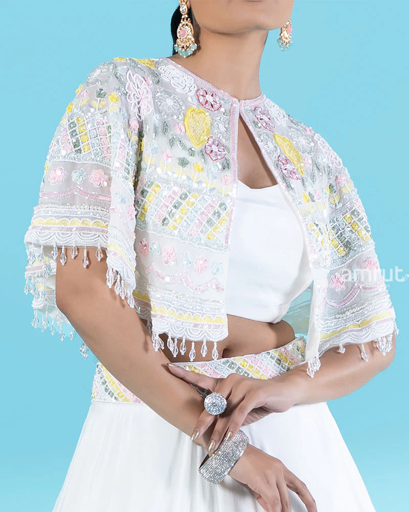 White Embellished Cape with Crop Choli and Pleated Lehenga - Image 5